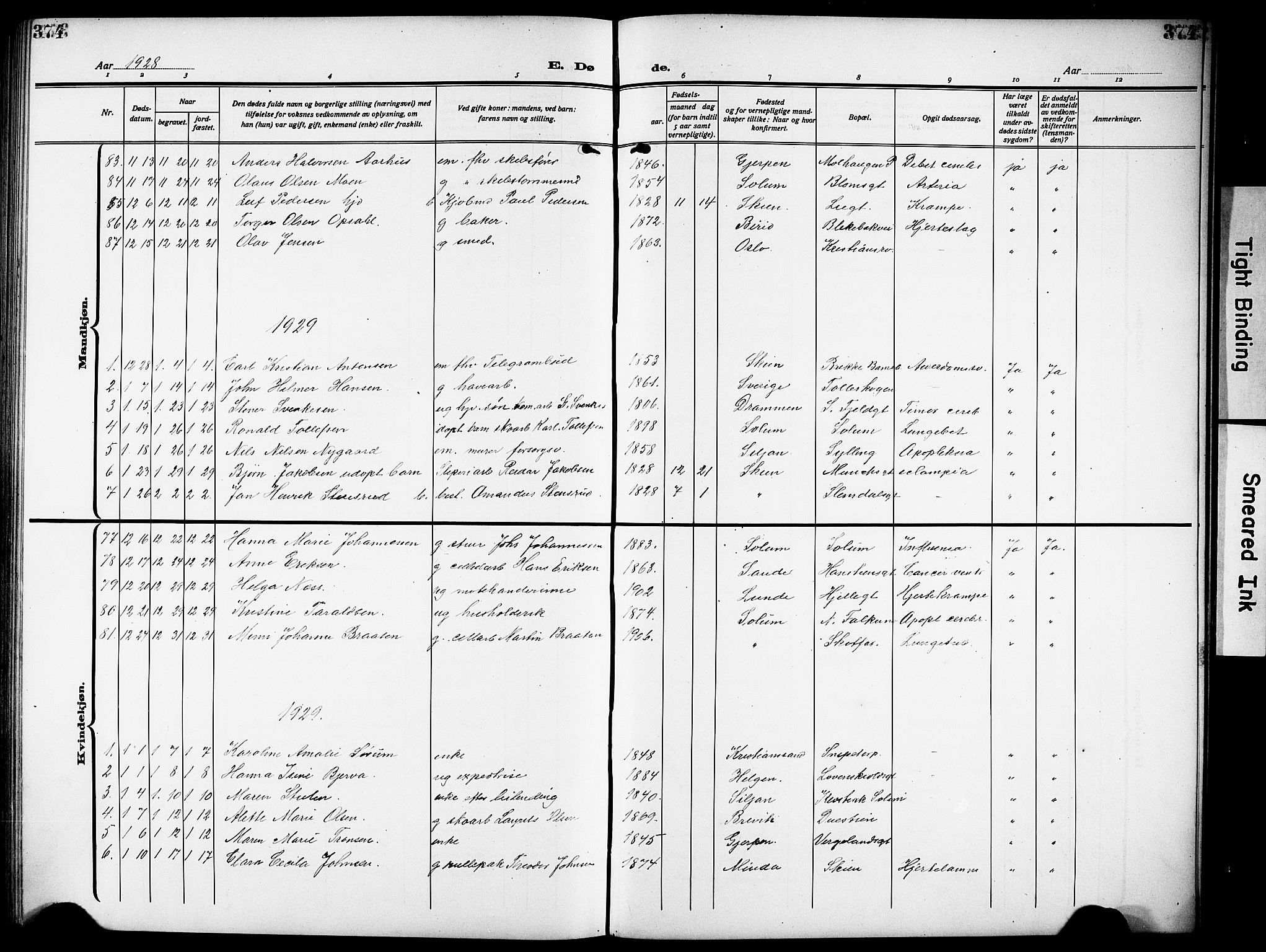 Skien kirkebøker, SAKO/A-302/G/Ga/L0010: Parish register (copy) no. 10, 1920-1931, p. 374