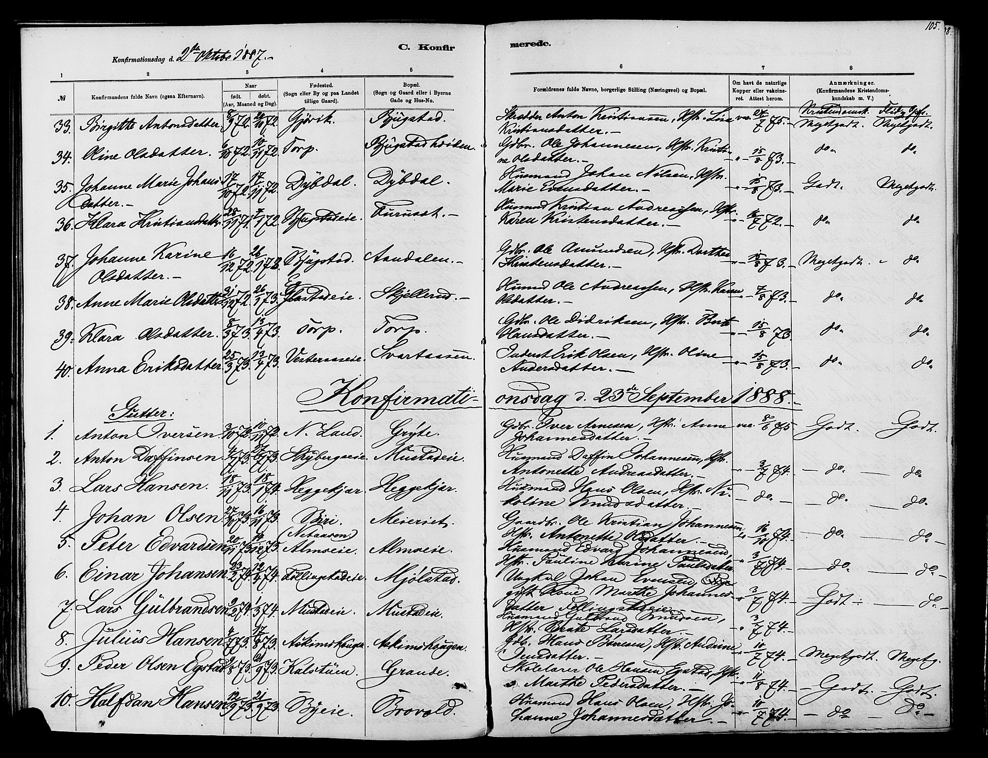 Vardal prestekontor, SAH/PREST-100/H/Ha/Haa/L0010: Parish register (official) no. 10, 1878-1893, p. 105