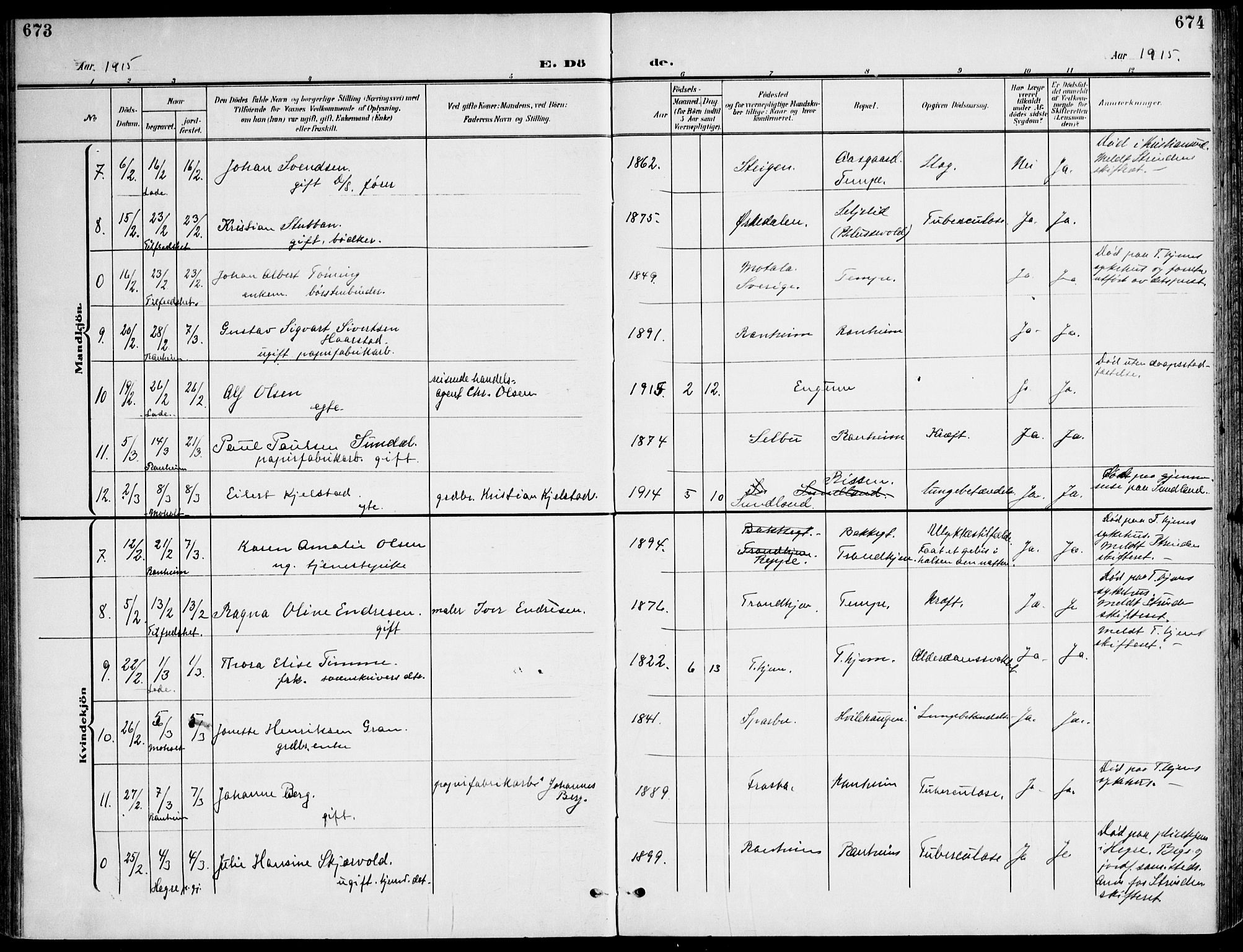 Ministerialprotokoller, klokkerbøker og fødselsregistre - Sør-Trøndelag, AV/SAT-A-1456/607/L0320: Parish register (official) no. 607A04, 1907-1915, p. 673-674