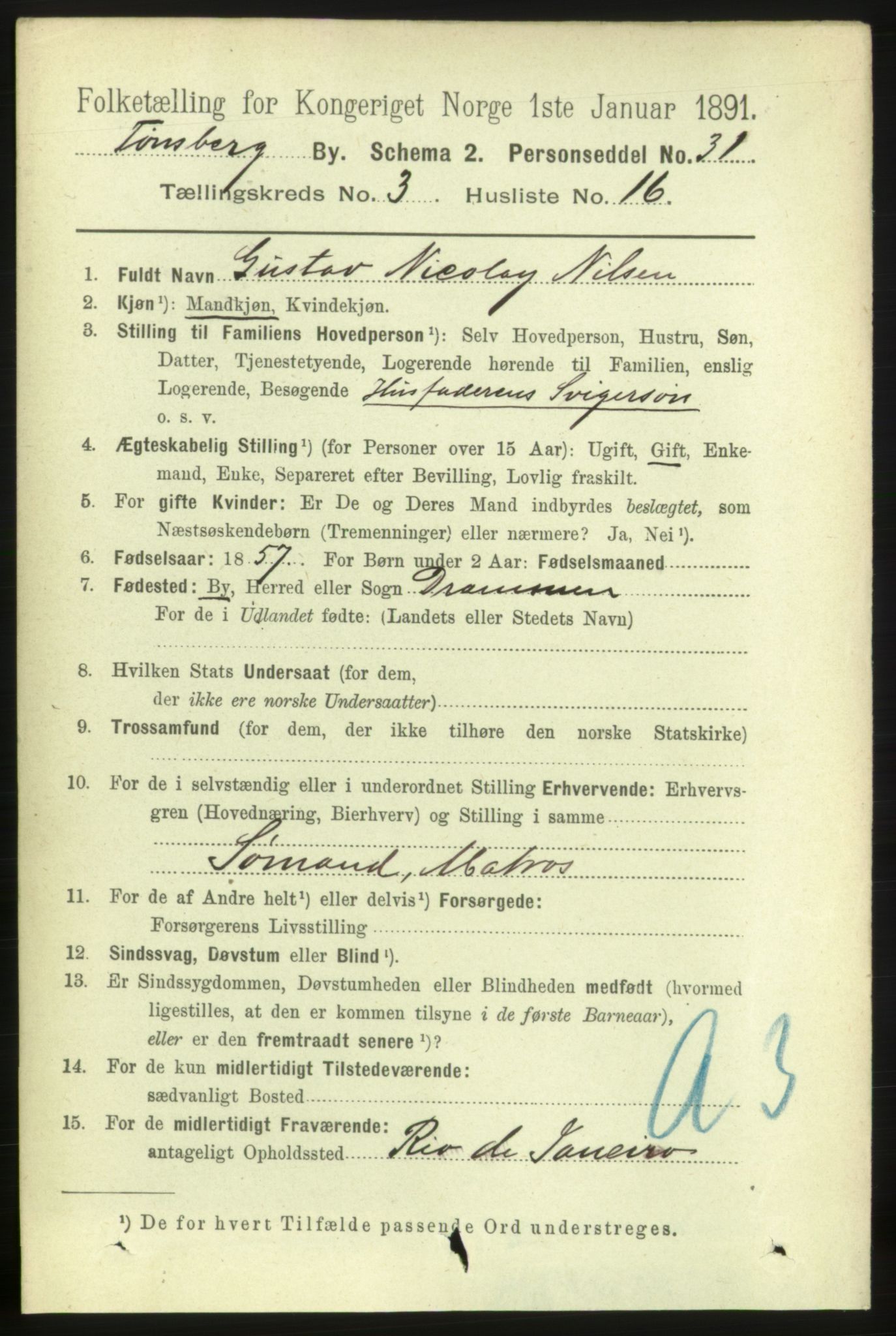 RA, 1891 census for 0705 Tønsberg, 1891, p. 1960