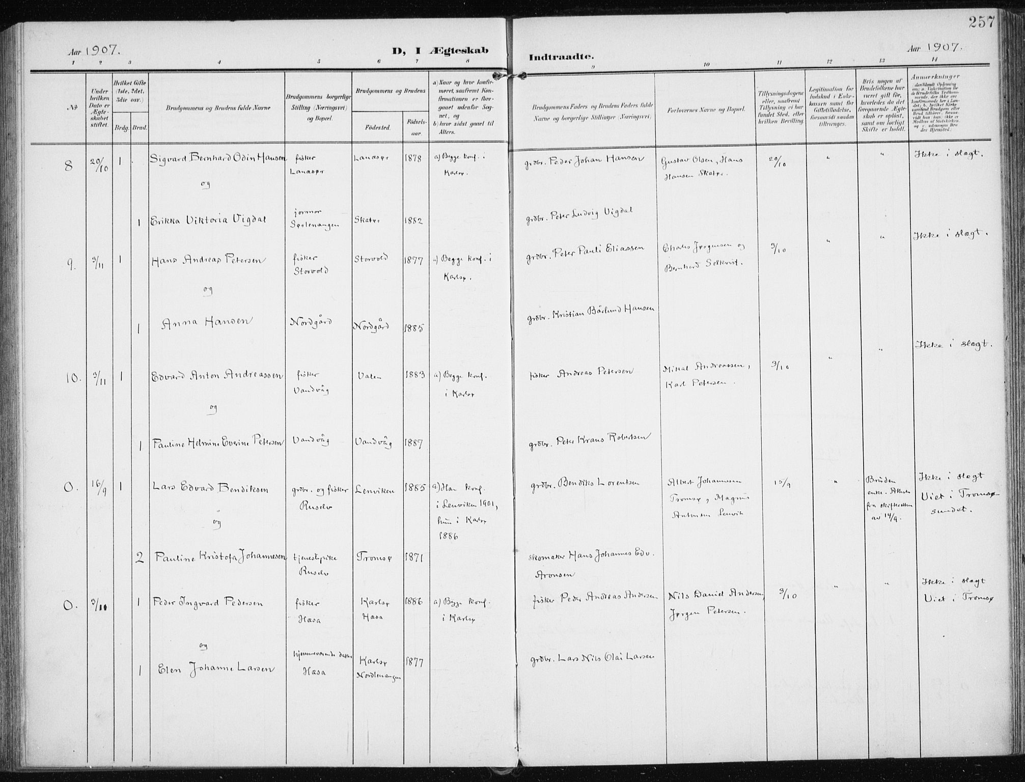 Karlsøy sokneprestembete, AV/SATØ-S-1299/H/Ha/Haa/L0014kirke: Parish register (official) no. 14, 1903-1917, p. 257