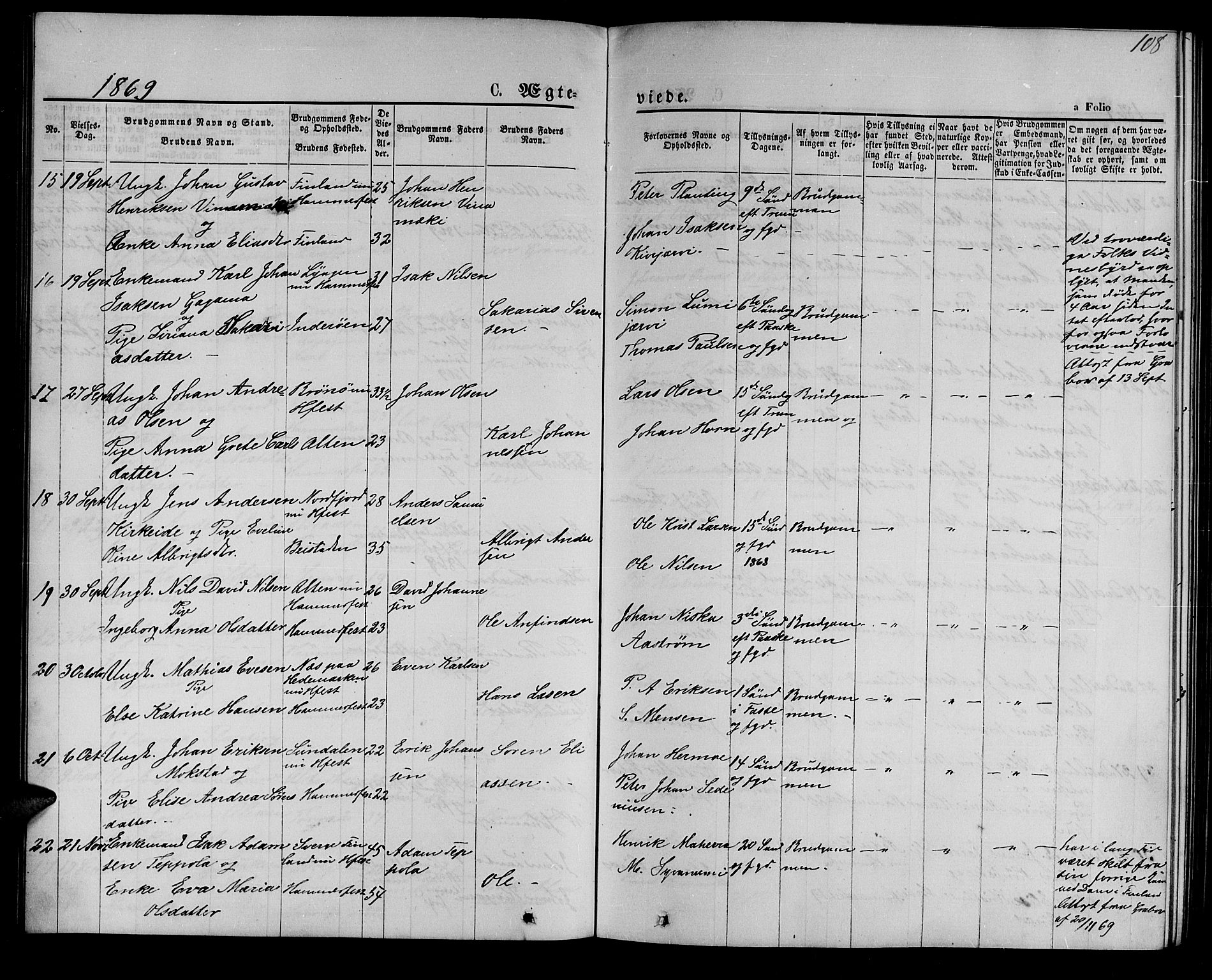 Hammerfest sokneprestkontor, AV/SATØ-S-1347/H/Hb/L0004.klokk: Parish register (copy) no. 4, 1869-1877, p. 108