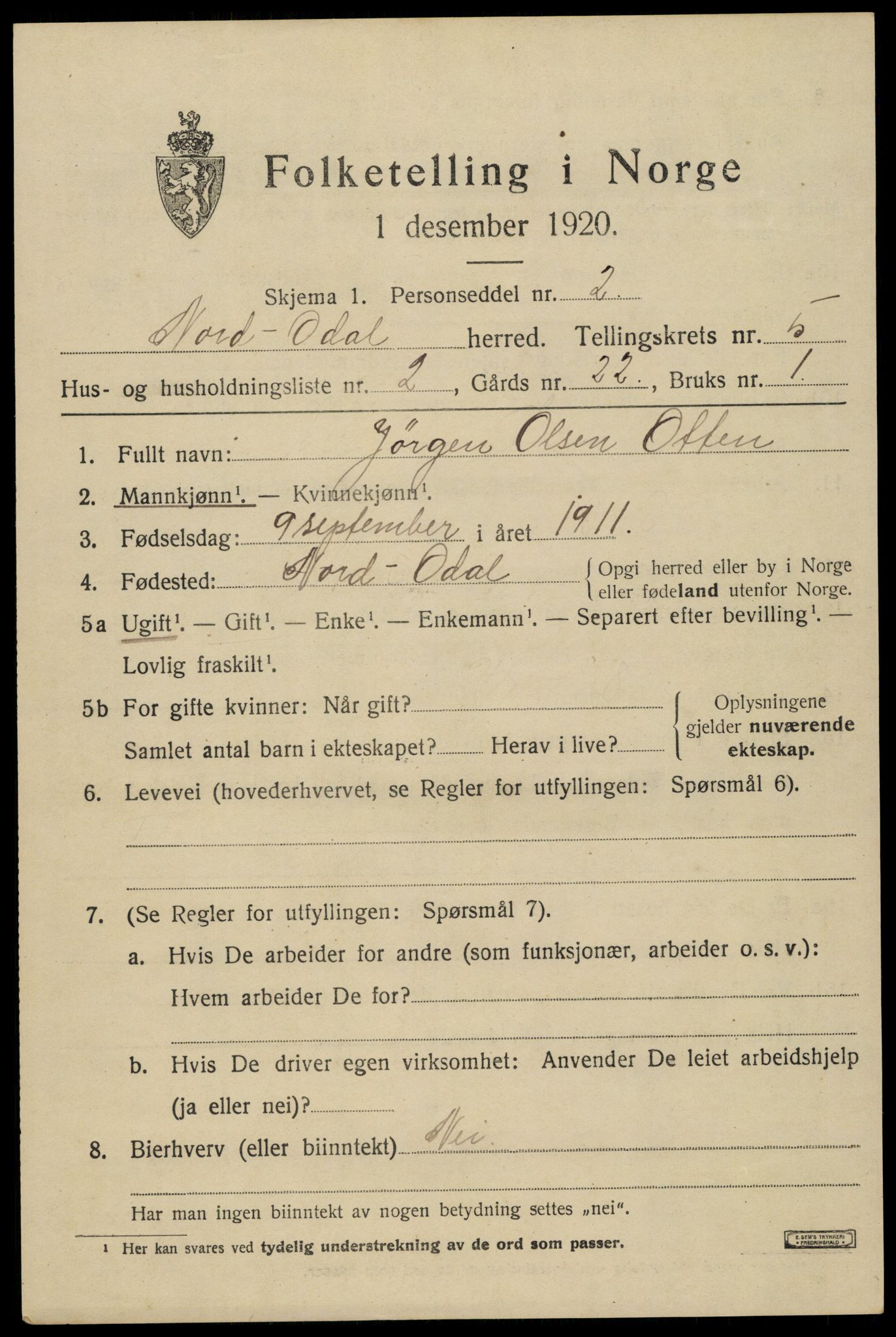 SAH, 1920 census for Nord-Odal, 1920, p. 5053