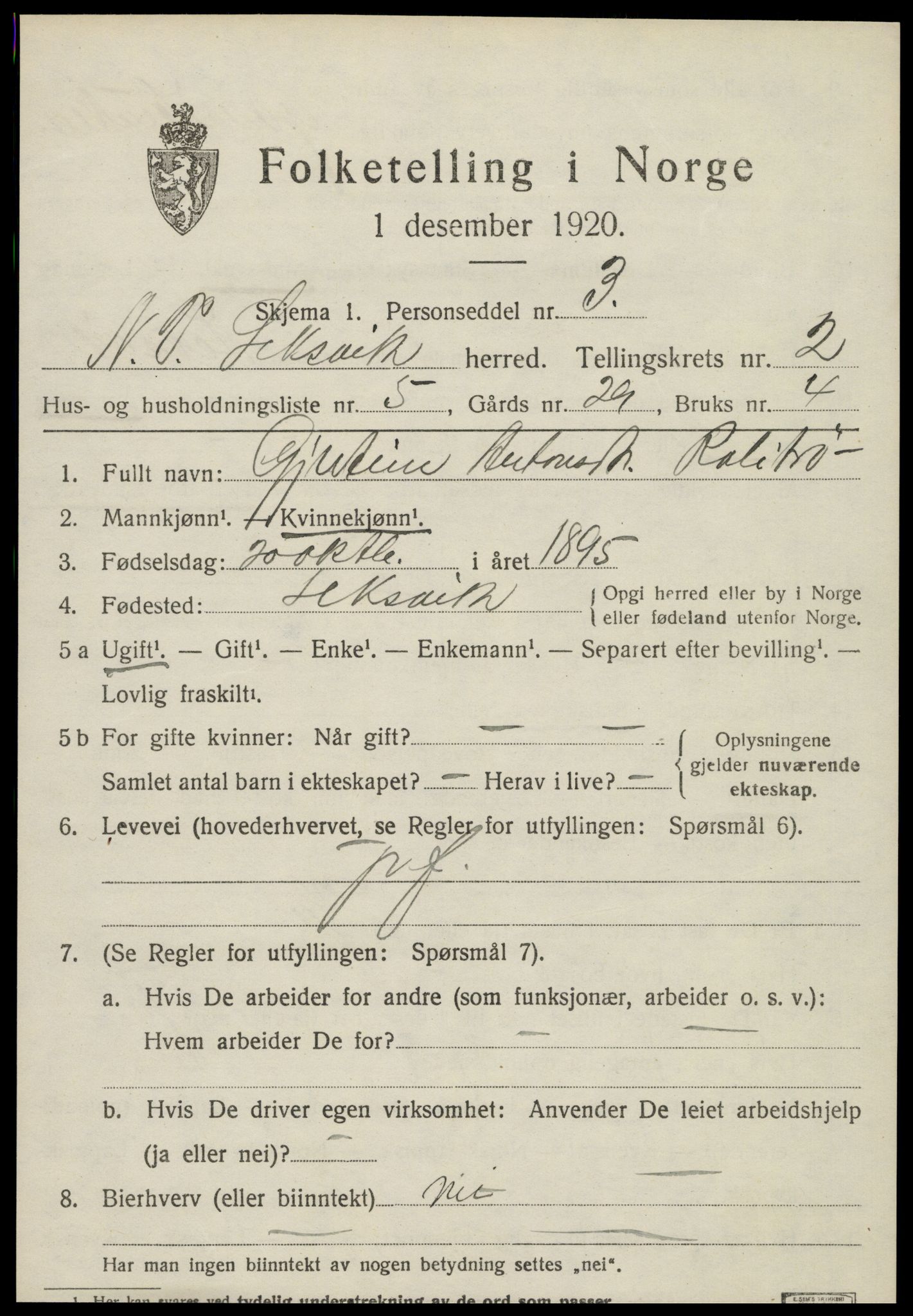SAT, 1920 census for Leksvik, 1920, p. 1874