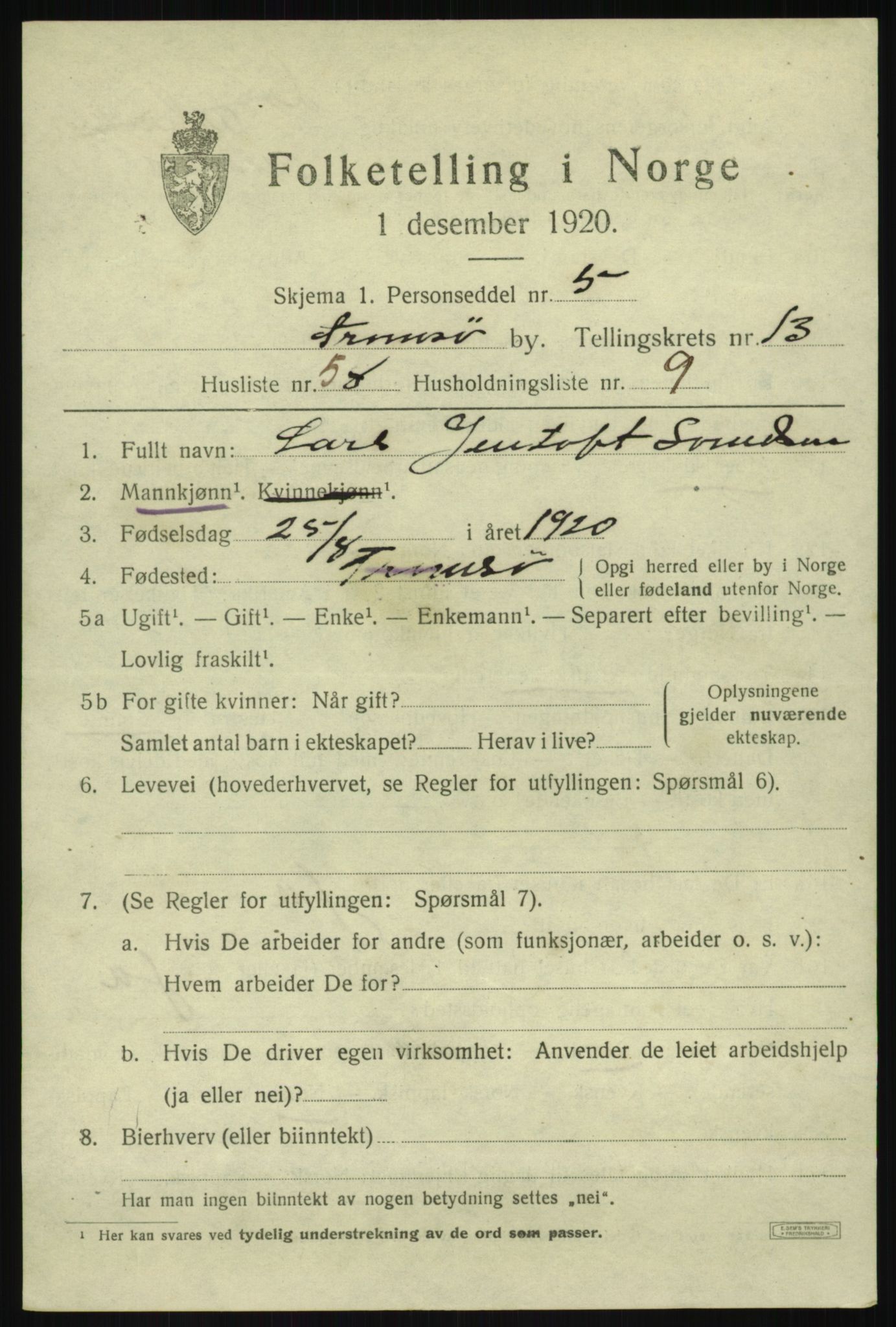 SATØ, 1920 census for Tromsø, 1920, p. 26185