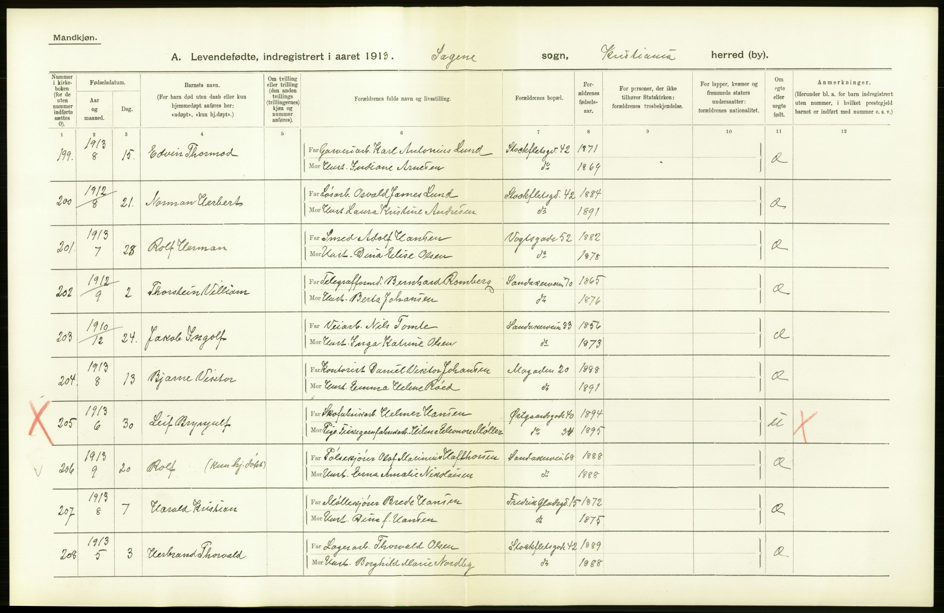Statistisk sentralbyrå, Sosiodemografiske emner, Befolkning, AV/RA-S-2228/D/Df/Dfb/Dfbc/L0006: Kristiania: Levendefødte menn og kvinner., 1913, p. 18
