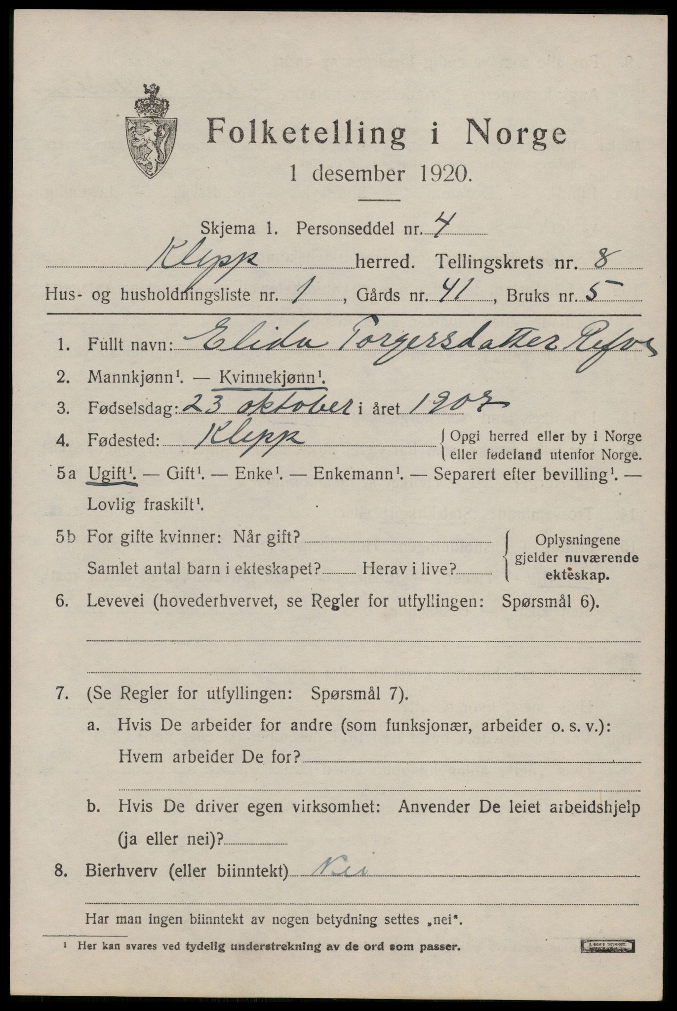 SAST, 1920 census for Klepp, 1920, p. 6964