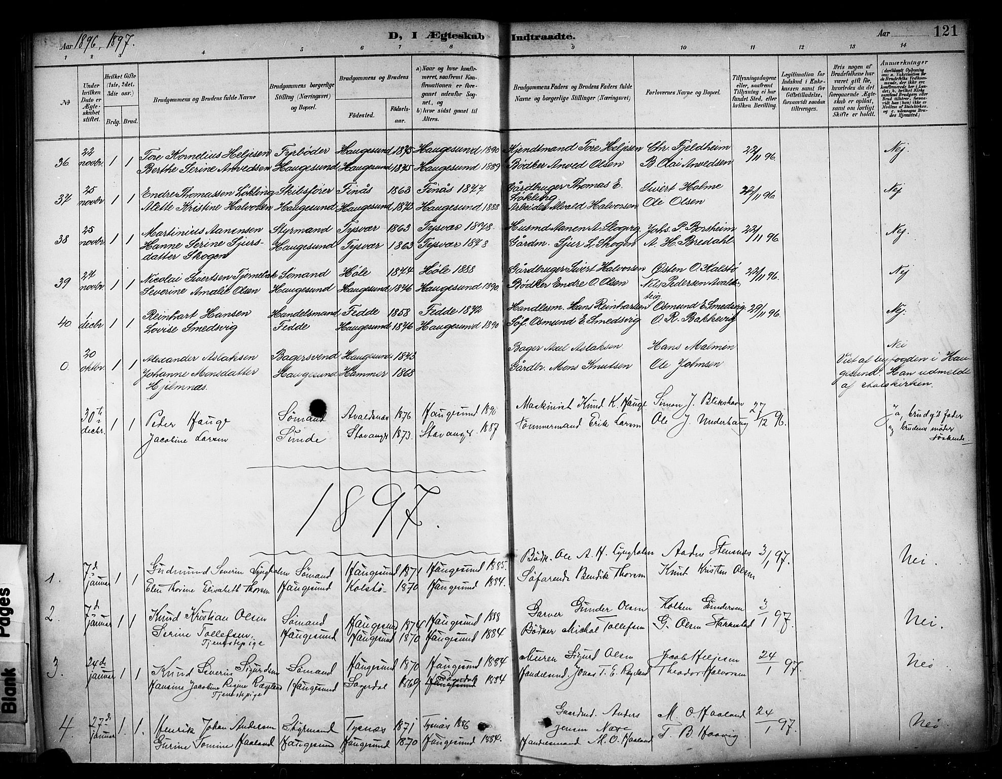 Haugesund sokneprestkontor, SAST/A -101863/H/Ha/Haa/L0005: Parish register (official) no. A 5, 1891-1903, p. 121