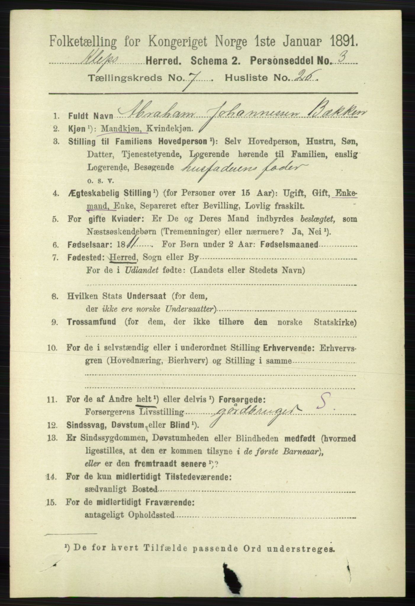 RA, 1891 census for 1120 Klepp, 1891, p. 2286