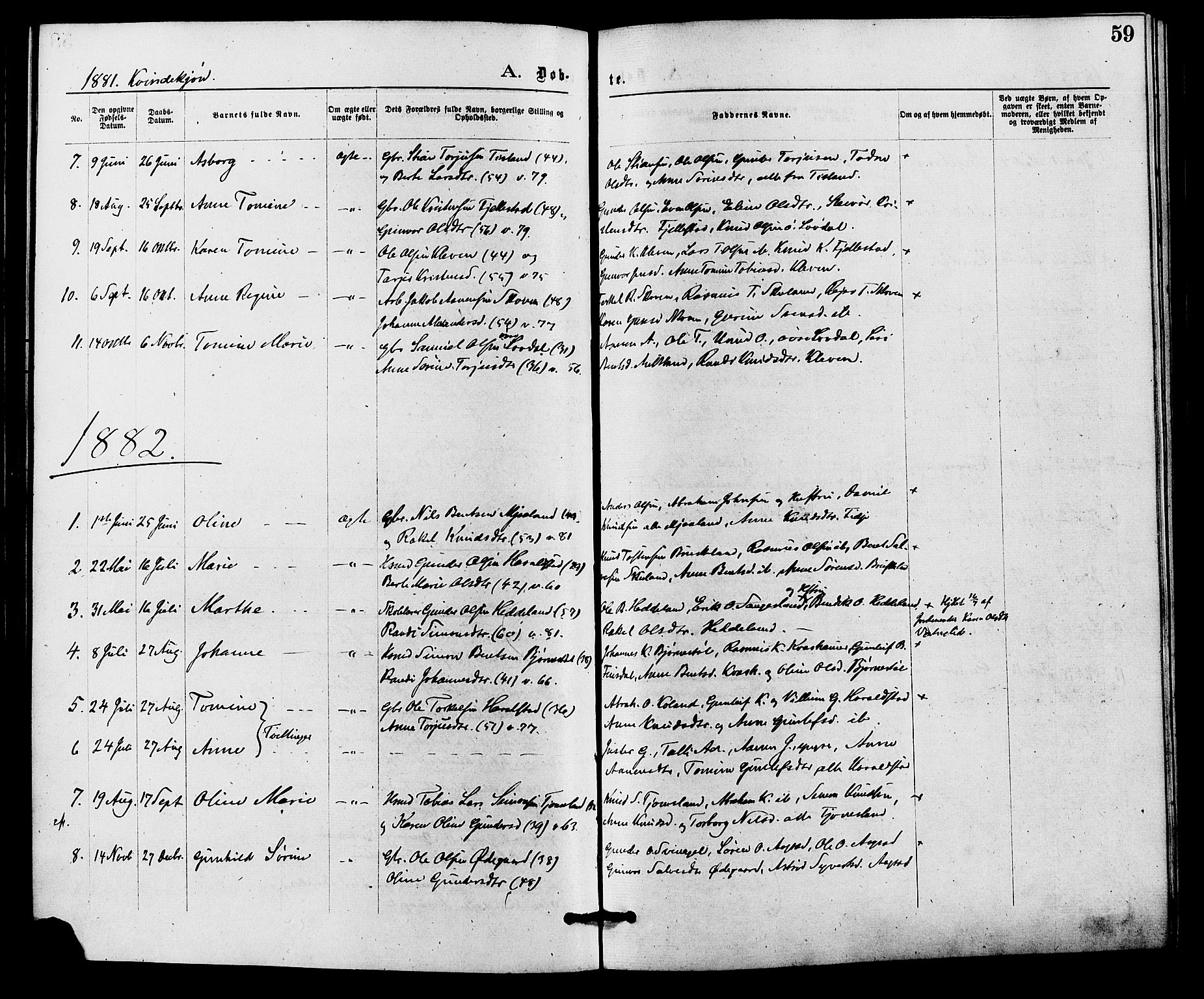 Holum sokneprestkontor, AV/SAK-1111-0022/F/Fa/Fab/L0006: Parish register (official) no. A 6, 1875-1886, p. 59