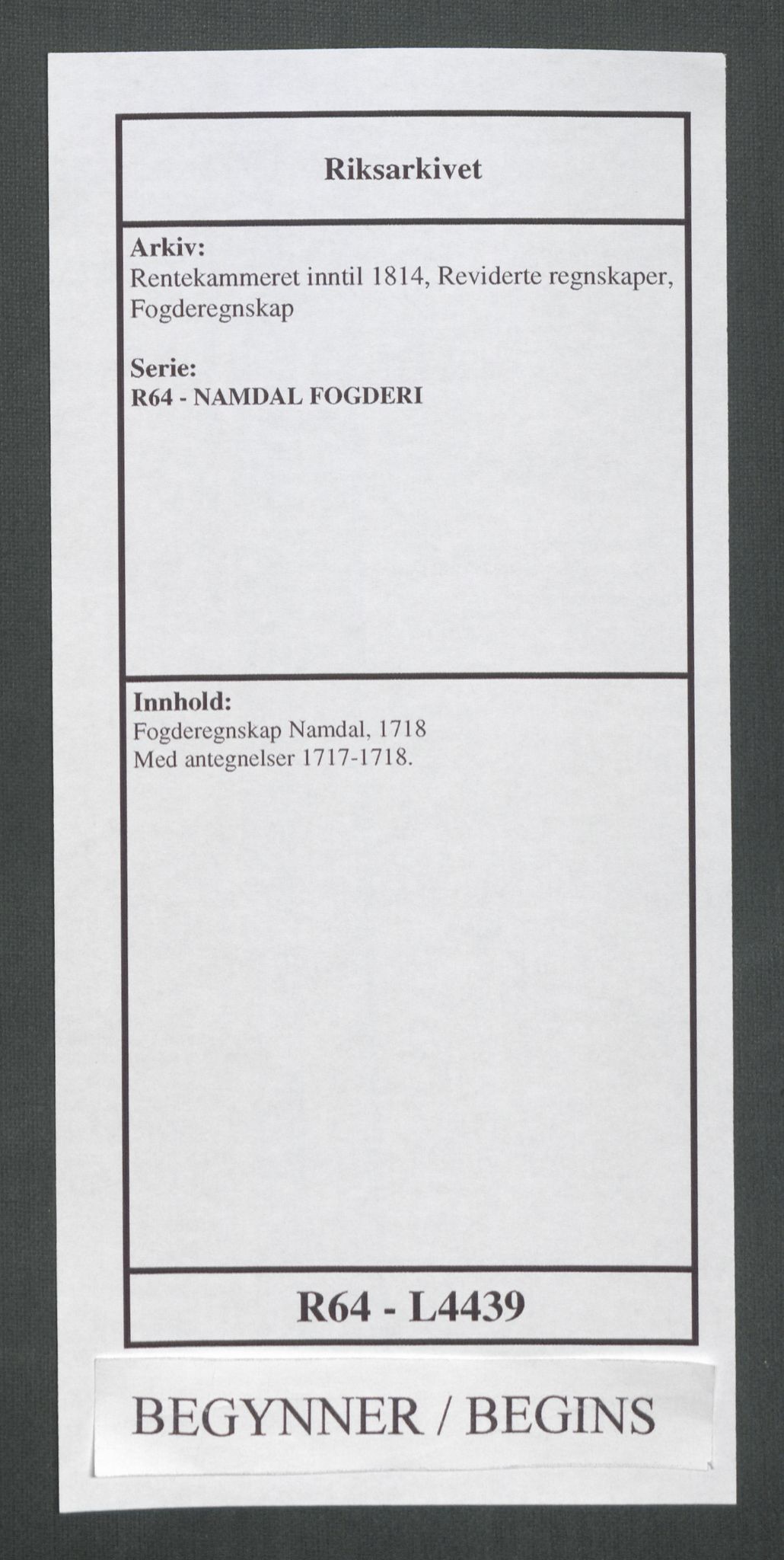 Rentekammeret inntil 1814, Reviderte regnskaper, Fogderegnskap, AV/RA-EA-4092/R64/L4439: Fogderegnskap Namdal, 1718, p. 1