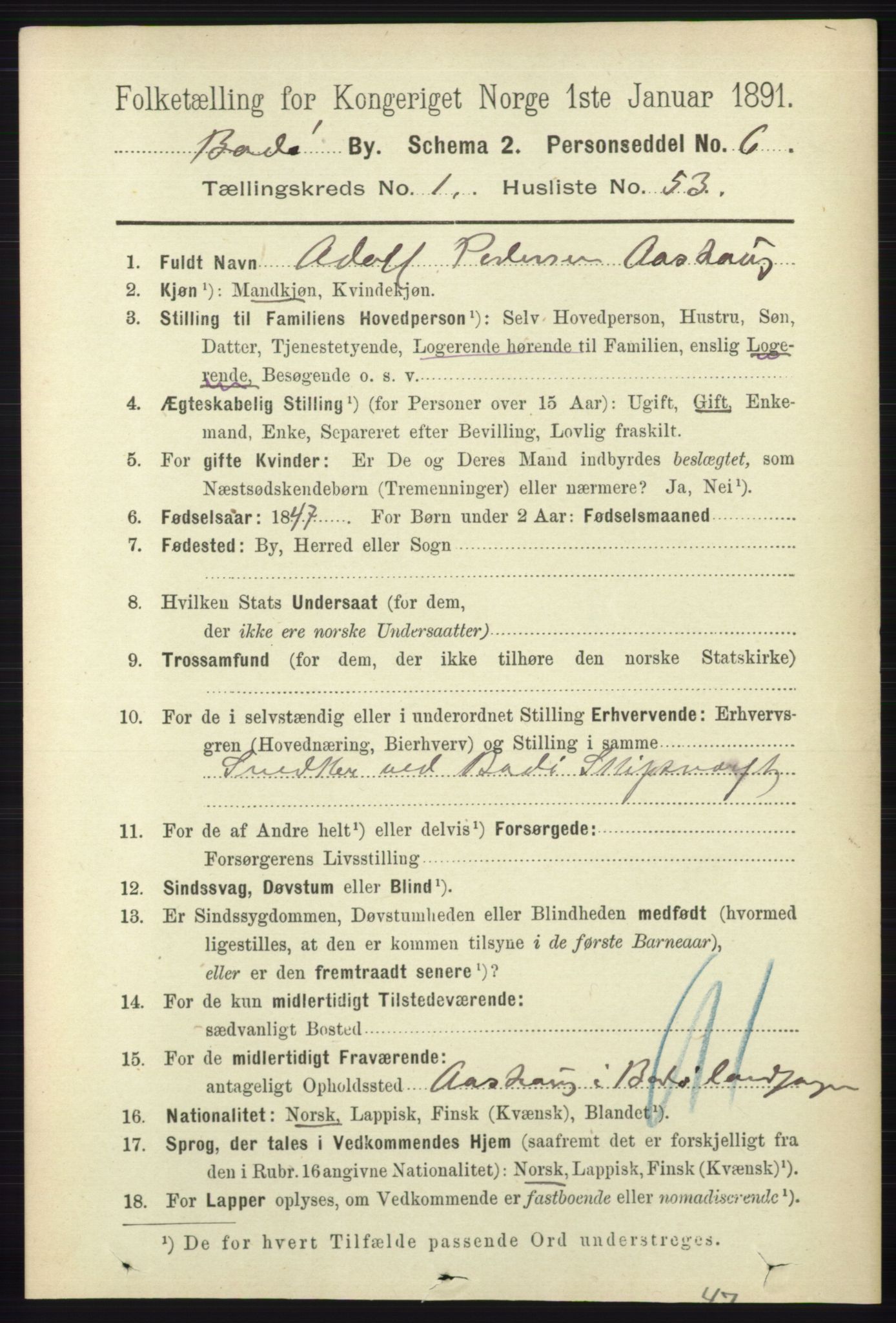 RA, 1891 census for 1804 Bodø, 1891, p. 839