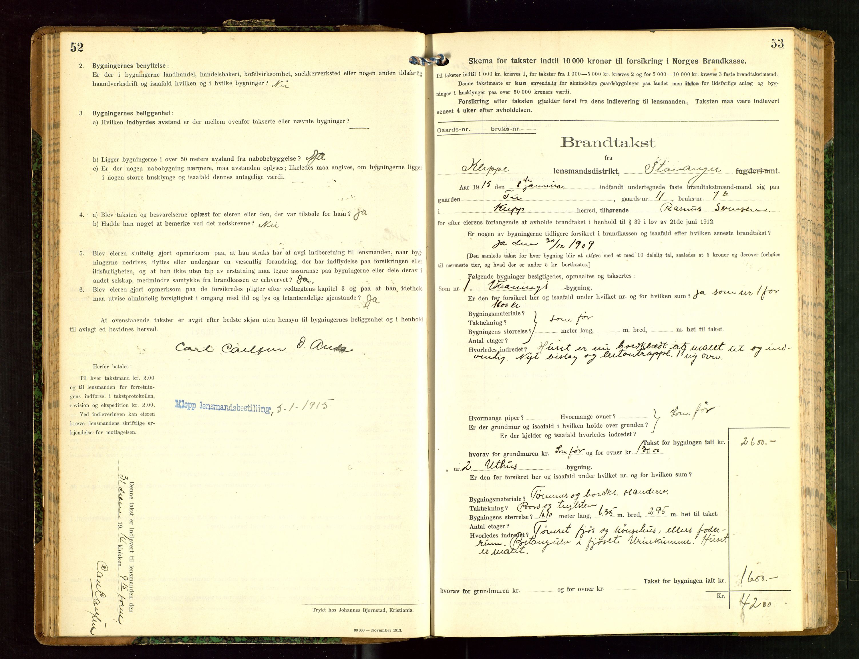 Klepp lensmannskontor, SAST/A-100163/Goc/L0008: "Brandtakstprotokol" m/register, 1914-1917, p. 52-53