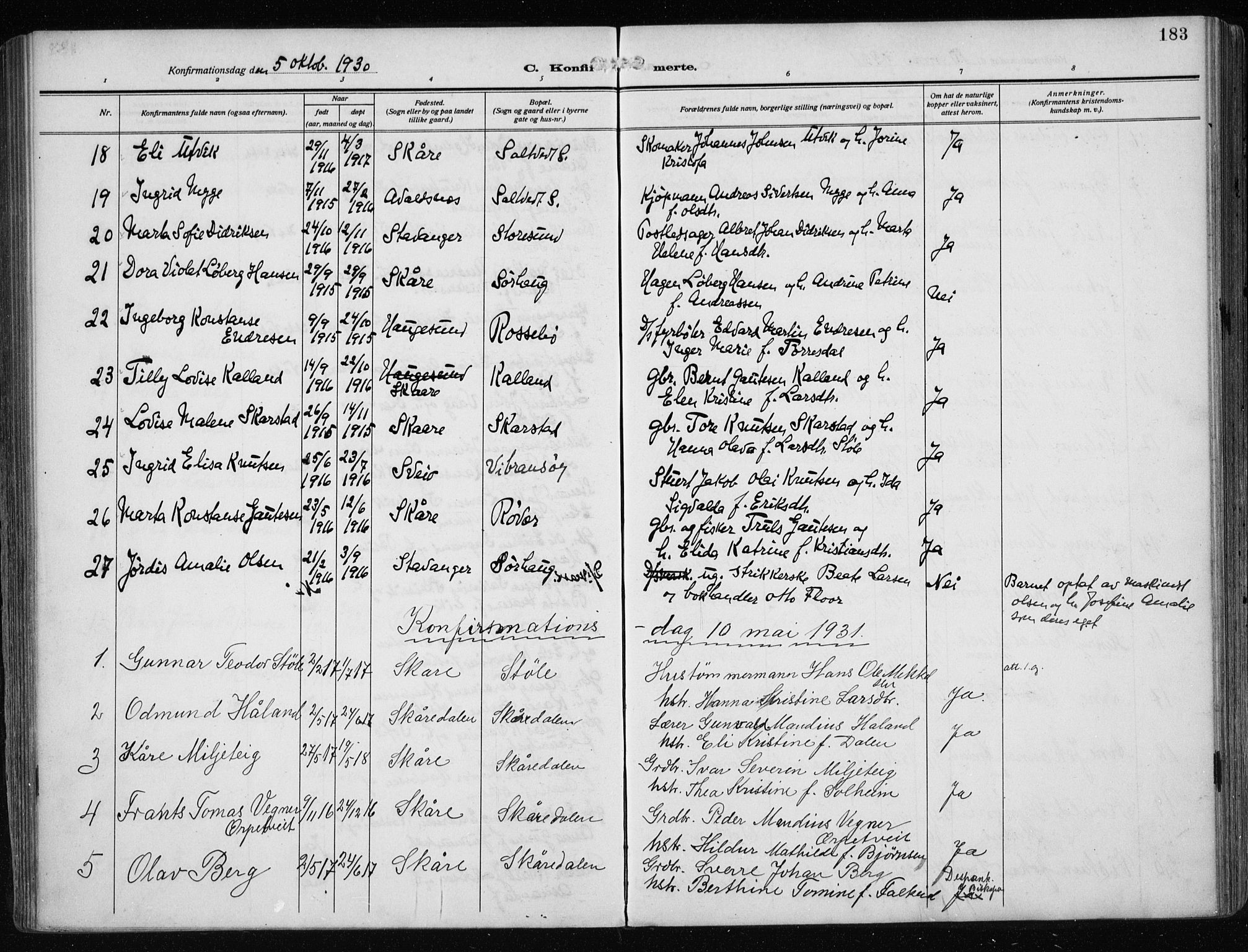 Haugesund sokneprestkontor, AV/SAST-A -101863/H/Ha/Haa/L0010: Parish register (official) no. A 10, 1909-1935, p. 183