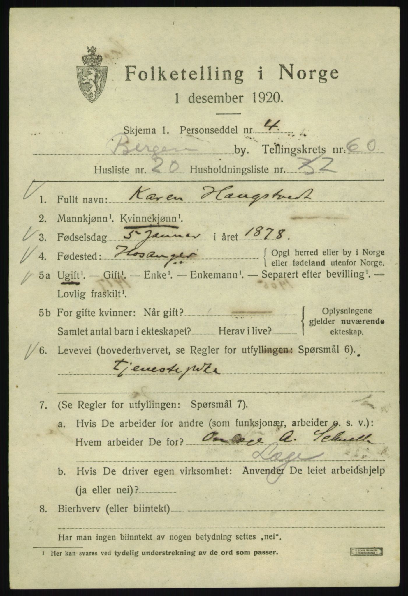 SAB, 1920 census for Bergen, 1920, p. 129754