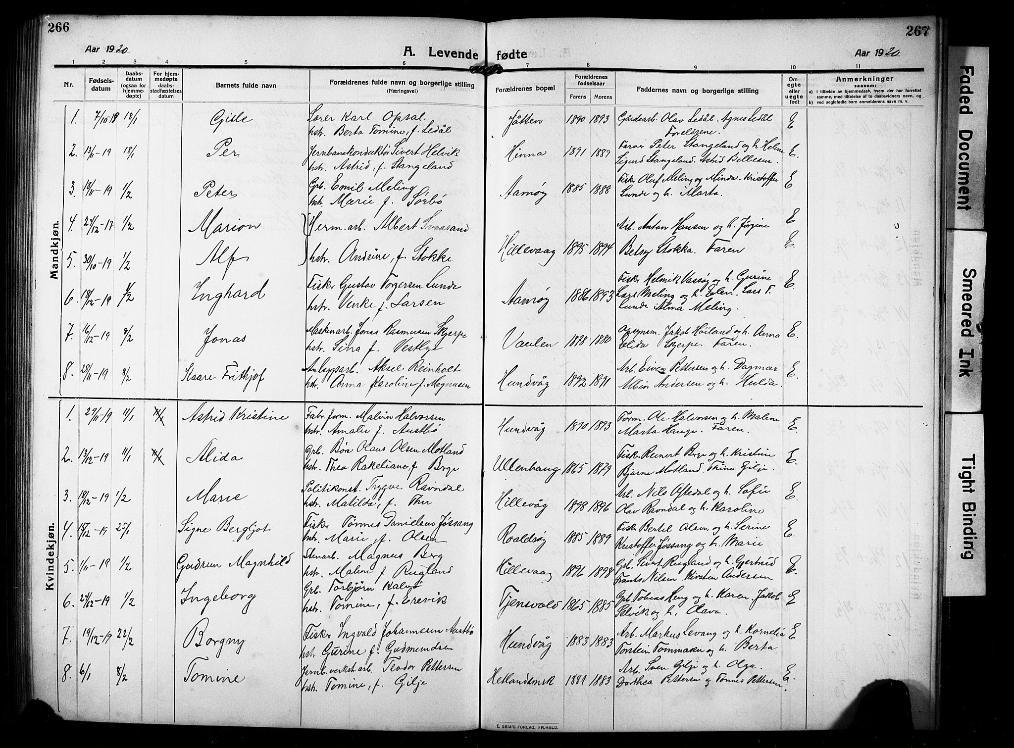 Hetland sokneprestkontor, SAST/A-101826/30/30BB/L0008: Parish register (copy) no. B 8, 1910-1921, p. 266-267