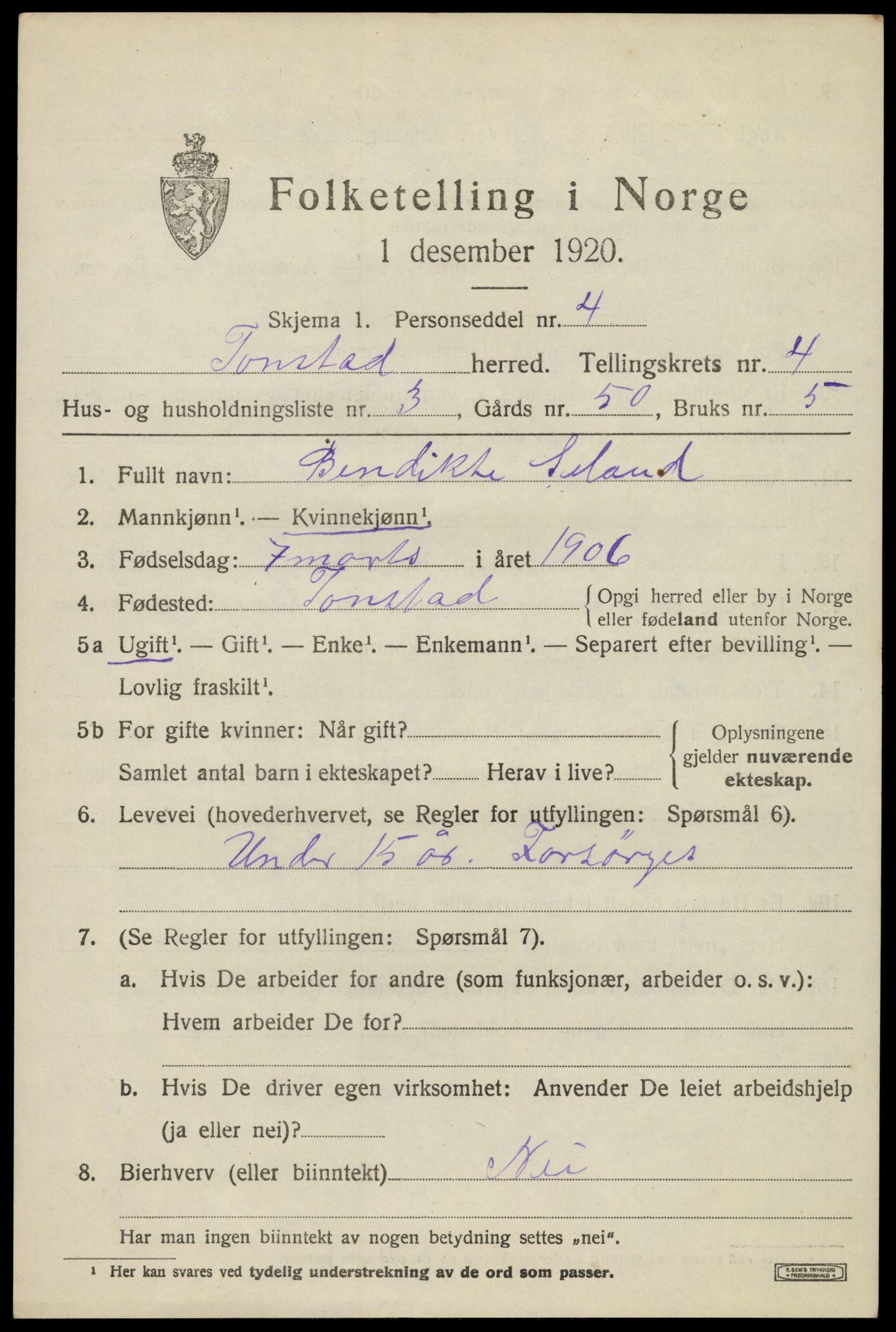 SAK, 1920 census for Tonstad, 1920, p. 1310