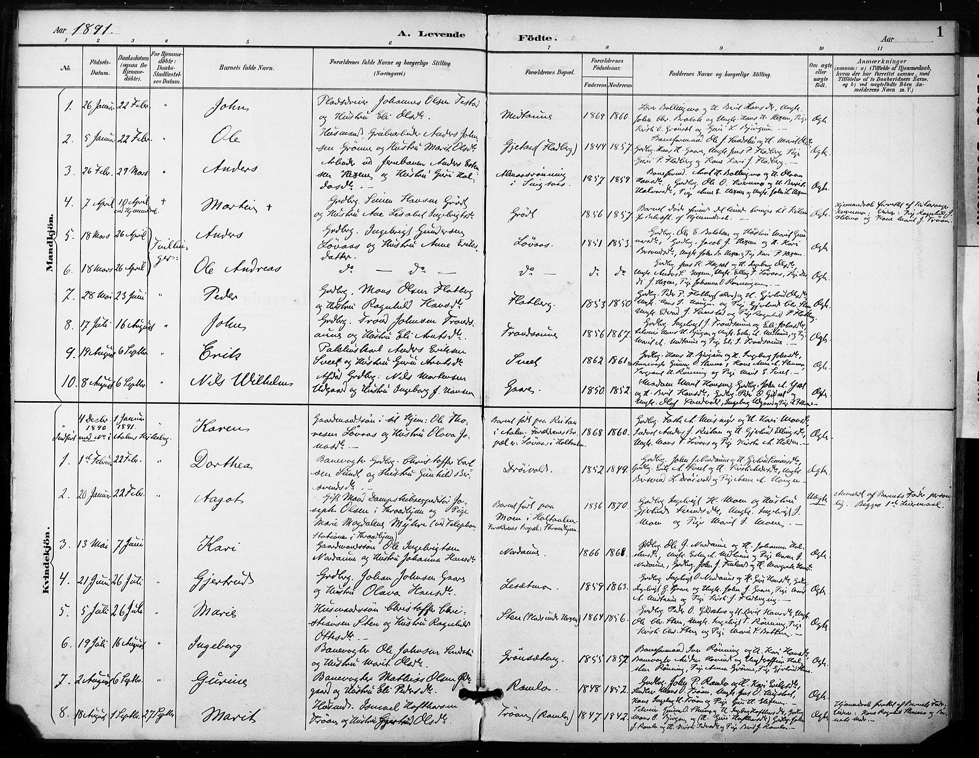 Ministerialprotokoller, klokkerbøker og fødselsregistre - Sør-Trøndelag, SAT/A-1456/685/L0973: Parish register (official) no. 685A10, 1891-1907, p. 1