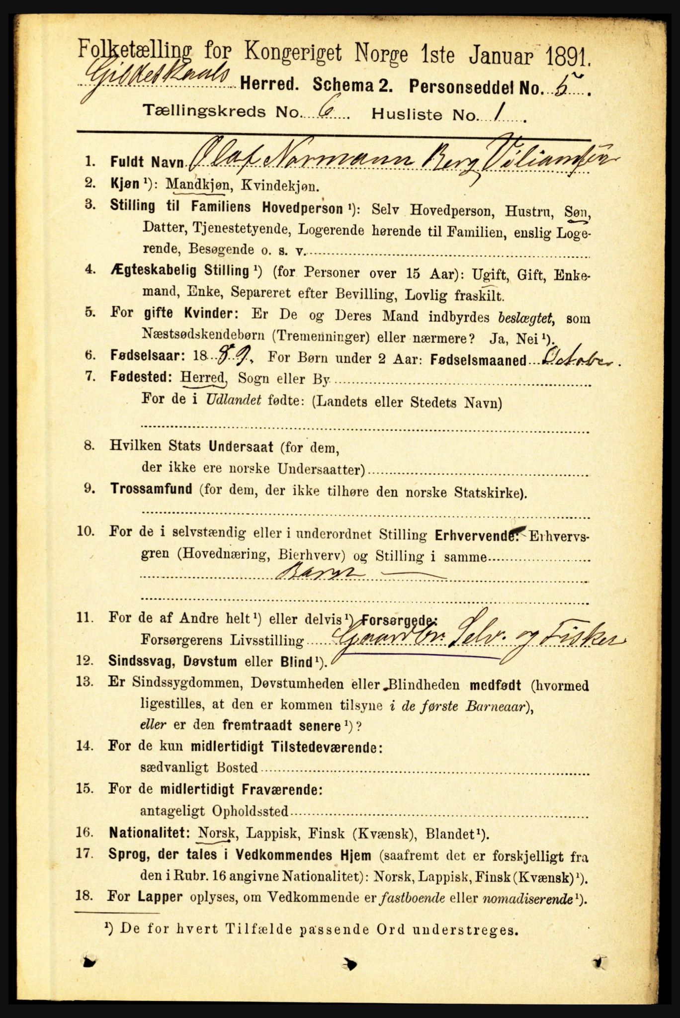 RA, 1891 census for 1838 Gildeskål, 1891, p. 1953