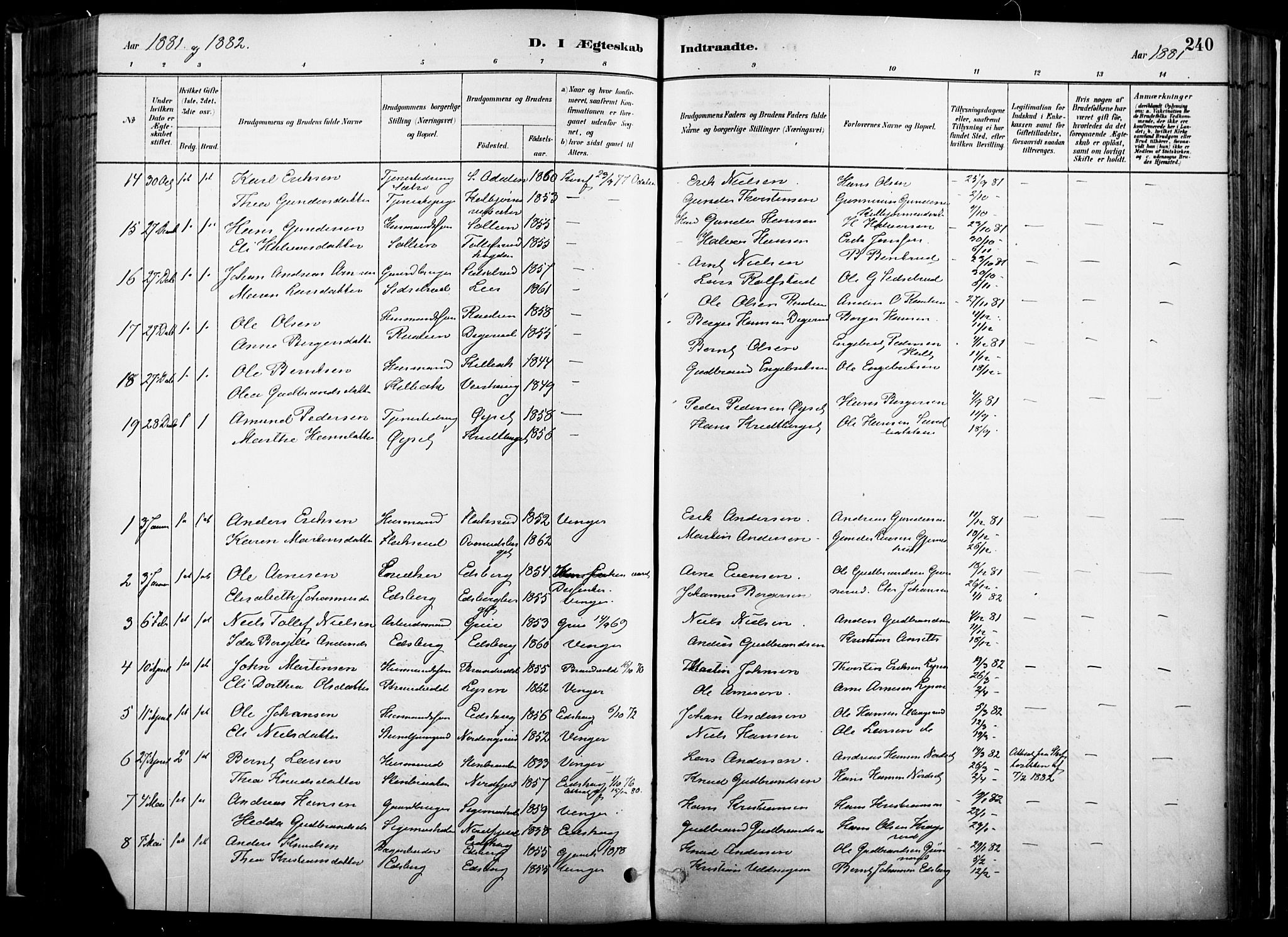 Vinger prestekontor, SAH/PREST-024/H/Ha/Haa/L0014: Parish register (official) no. 14, 1881-1900, p. 240