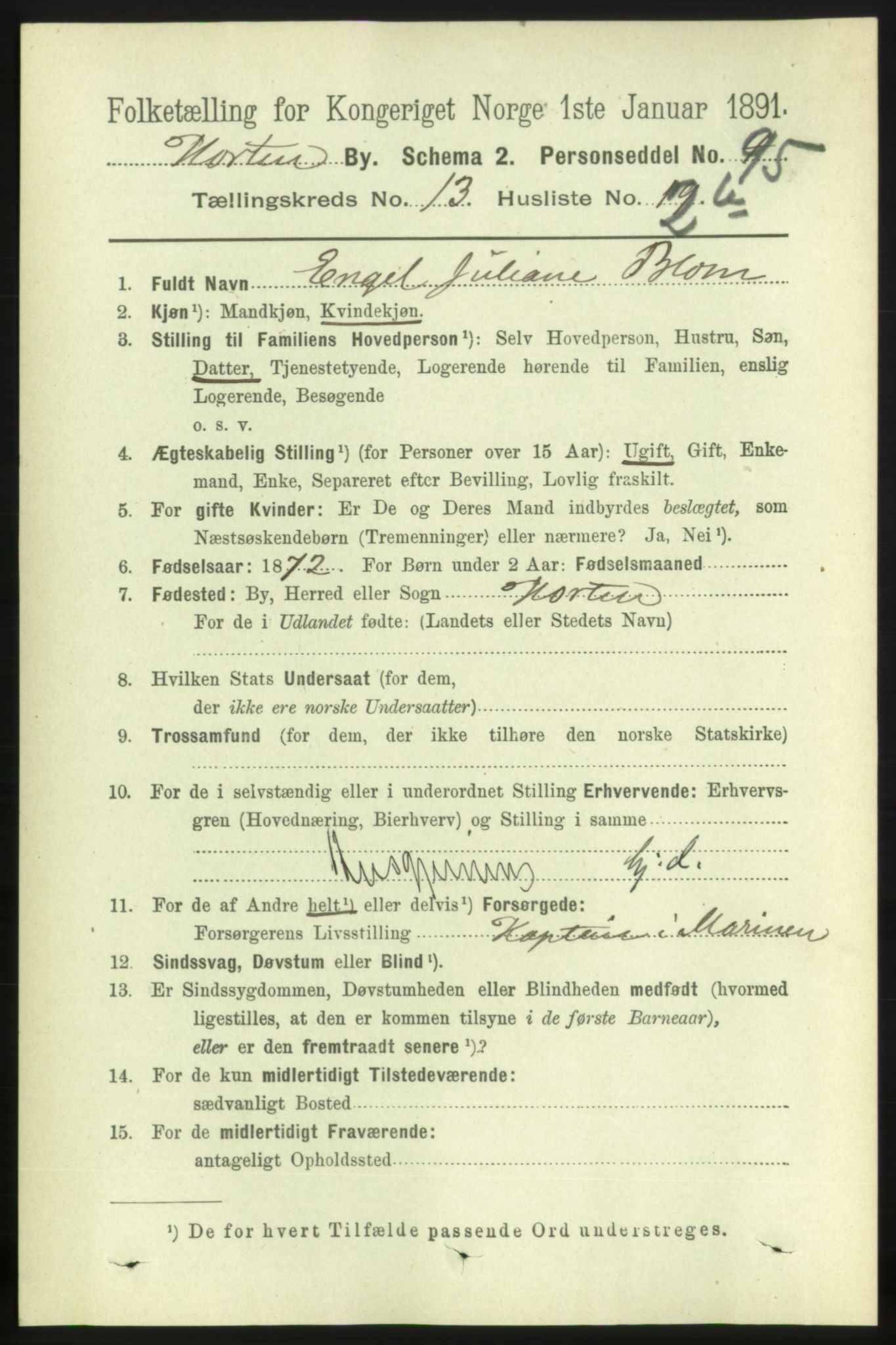 RA, 1891 census for 0703 Horten, 1891, p. 7989