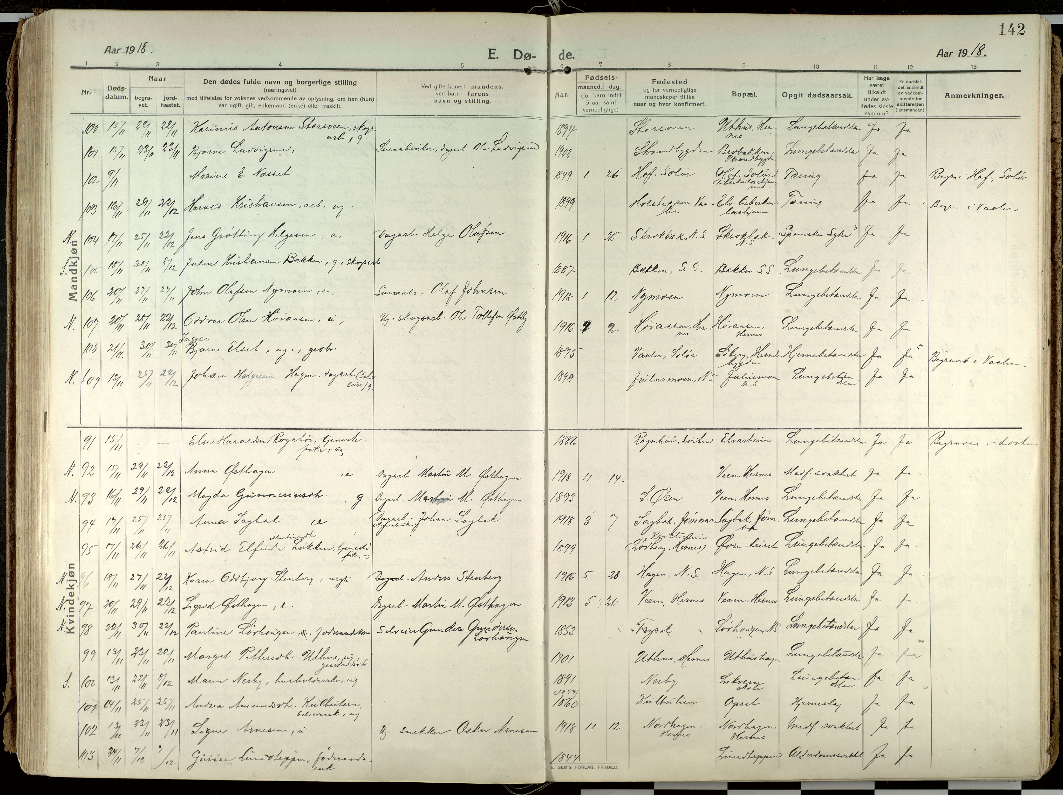 Elverum prestekontor, AV/SAH-PREST-044/H/Ha/Haa/L0021: Parish register (official) no. 21, 1913-1928, p. 142