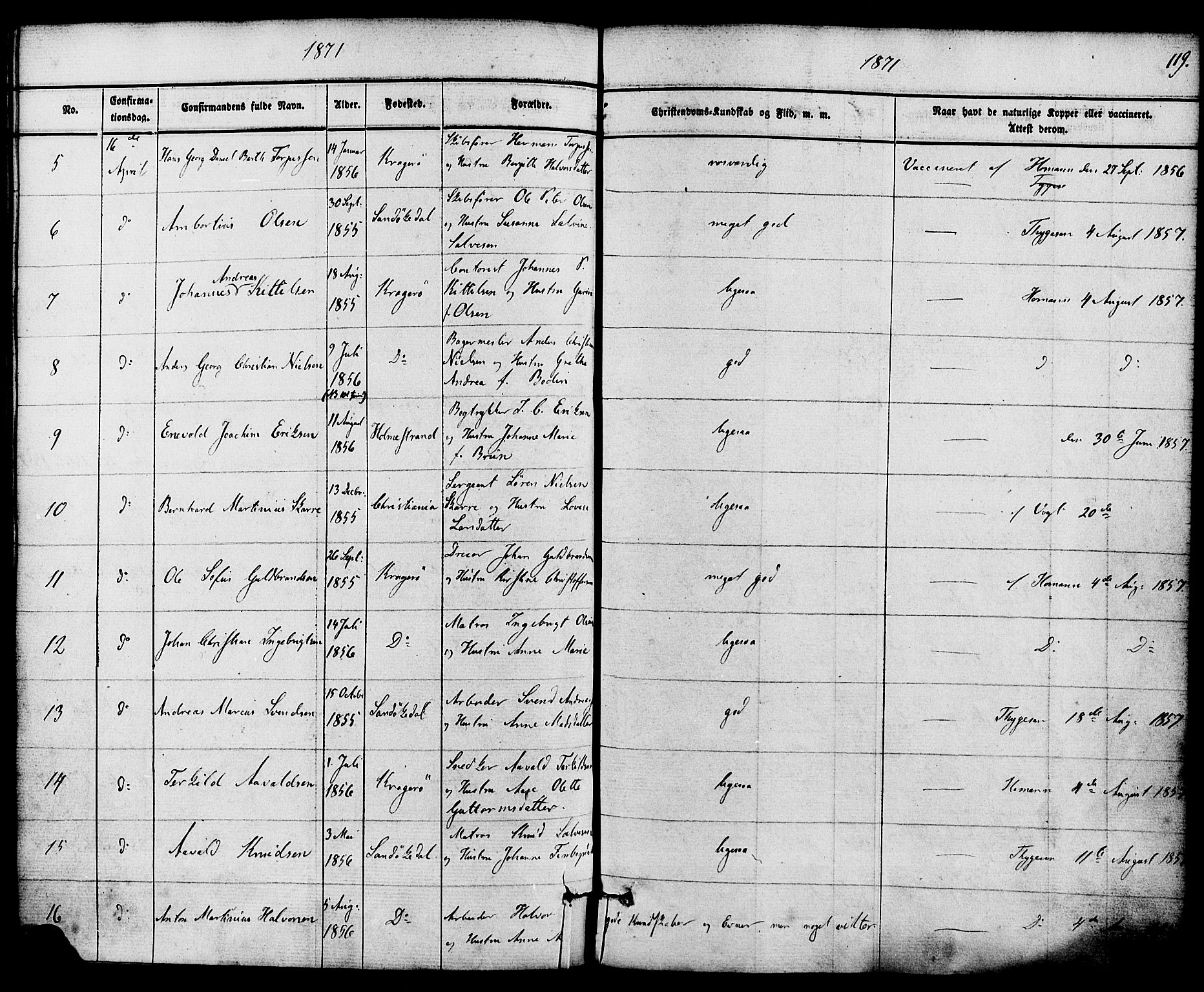 Kragerø kirkebøker, AV/SAKO-A-278/F/Fa/L0008: Parish register (official) no. 8, 1856-1880, p. 119