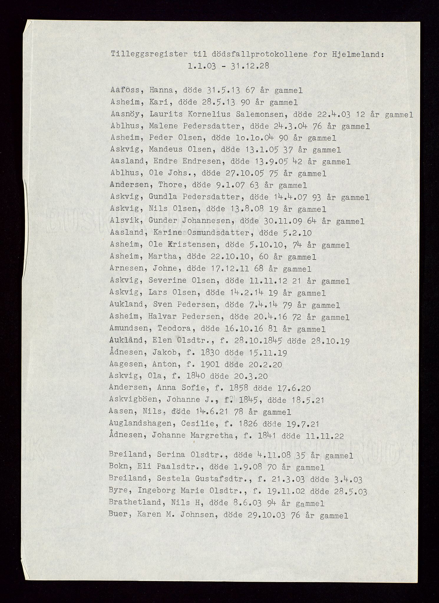 Hjelmeland lensmannskontor, SAST/A-100439/Gga/L0001: "Register til dødsfallprotokollene i Hjelmeland", 1903-1962, p. 4