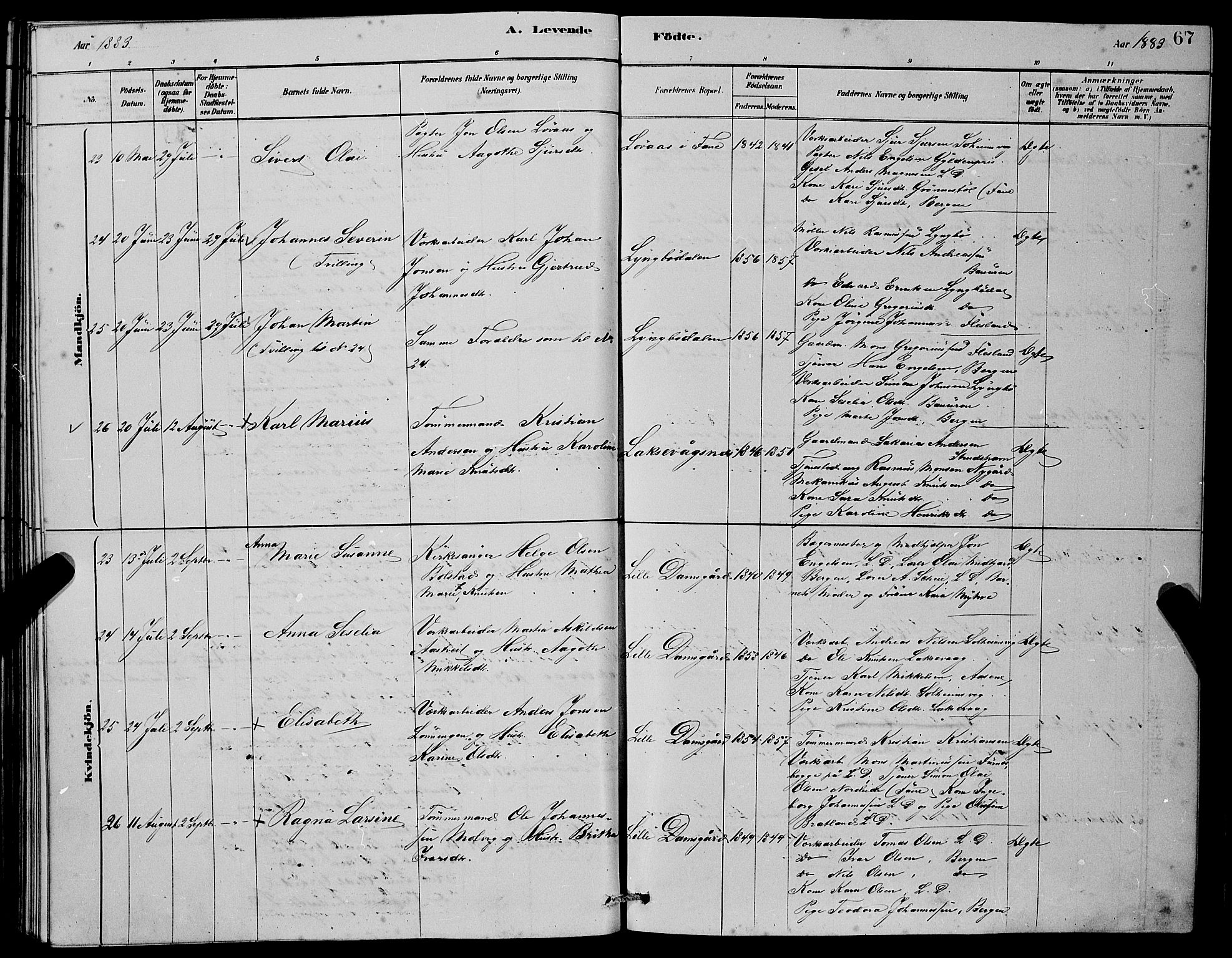 Laksevåg Sokneprestembete, AV/SAB-A-76501/H/Ha/Hab/Haba/L0002: Parish register (copy) no. A 2, 1877-1887, p. 67