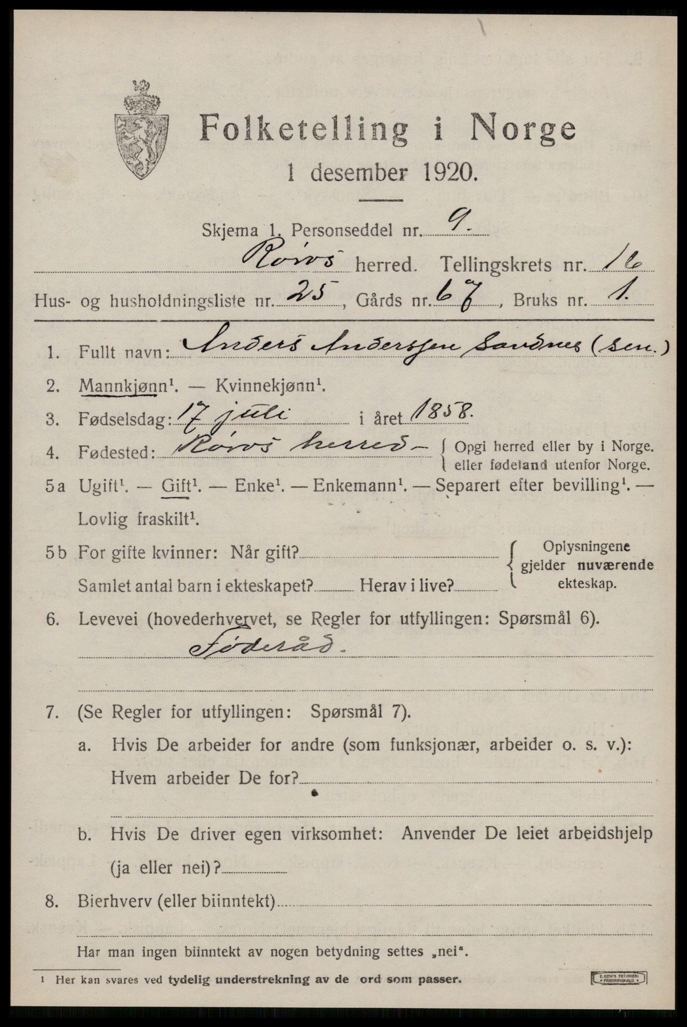 SAT, 1920 census for Røros, 1920, p. 11314