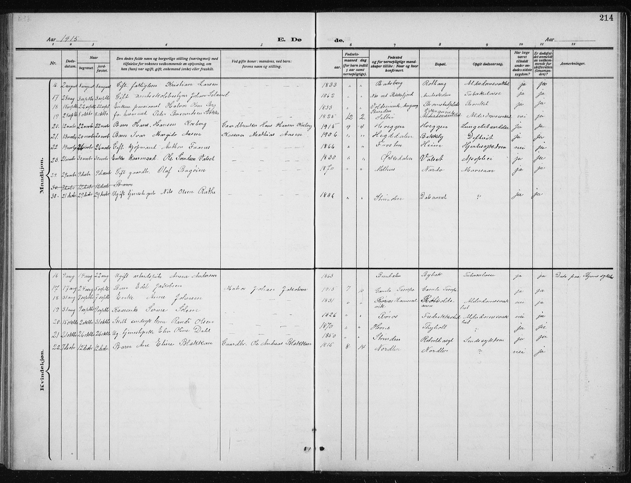 Ministerialprotokoller, klokkerbøker og fødselsregistre - Sør-Trøndelag, SAT/A-1456/606/L0314: Parish register (copy) no. 606C10, 1911-1937, p. 214