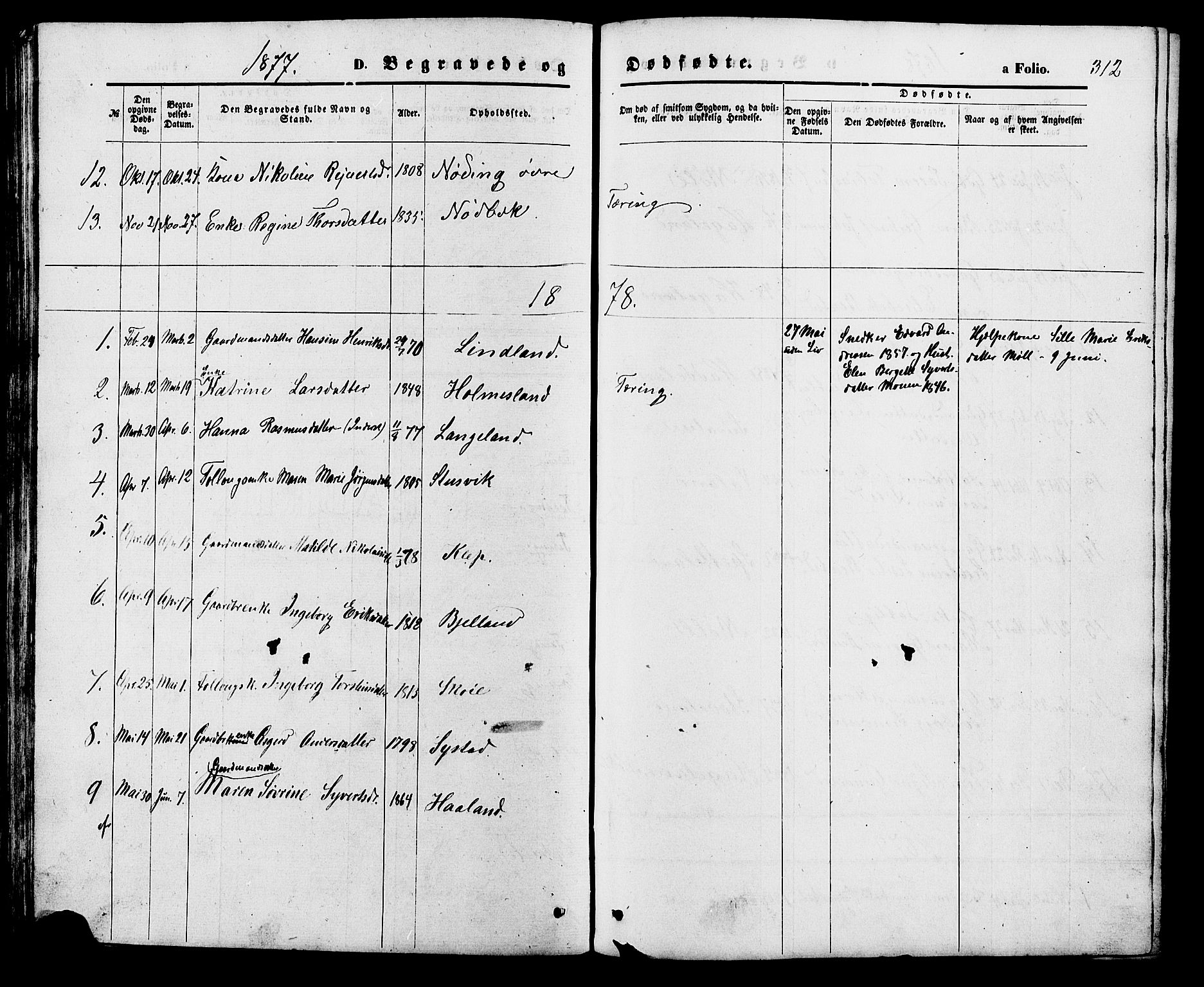 Holum sokneprestkontor, AV/SAK-1111-0022/F/Fb/Fba/L0004: Parish register (copy) no. B 4, 1867-1890, p. 312