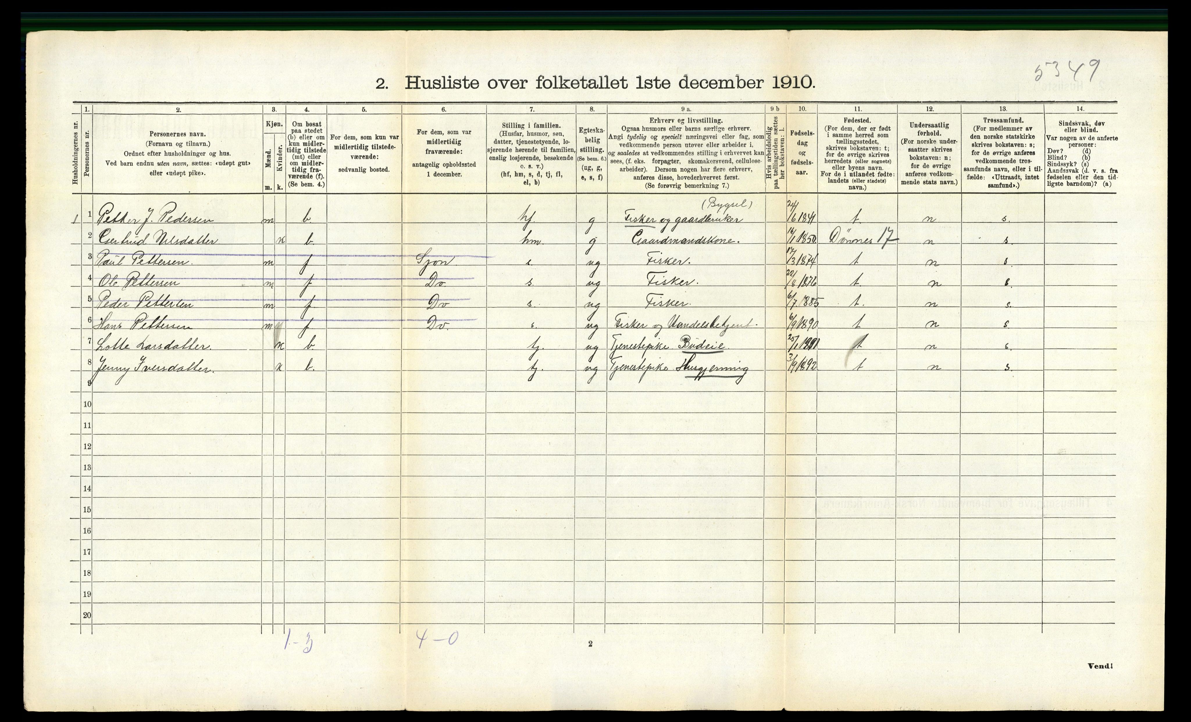 RA, 1910 census for Nesna, 1910, p. 485