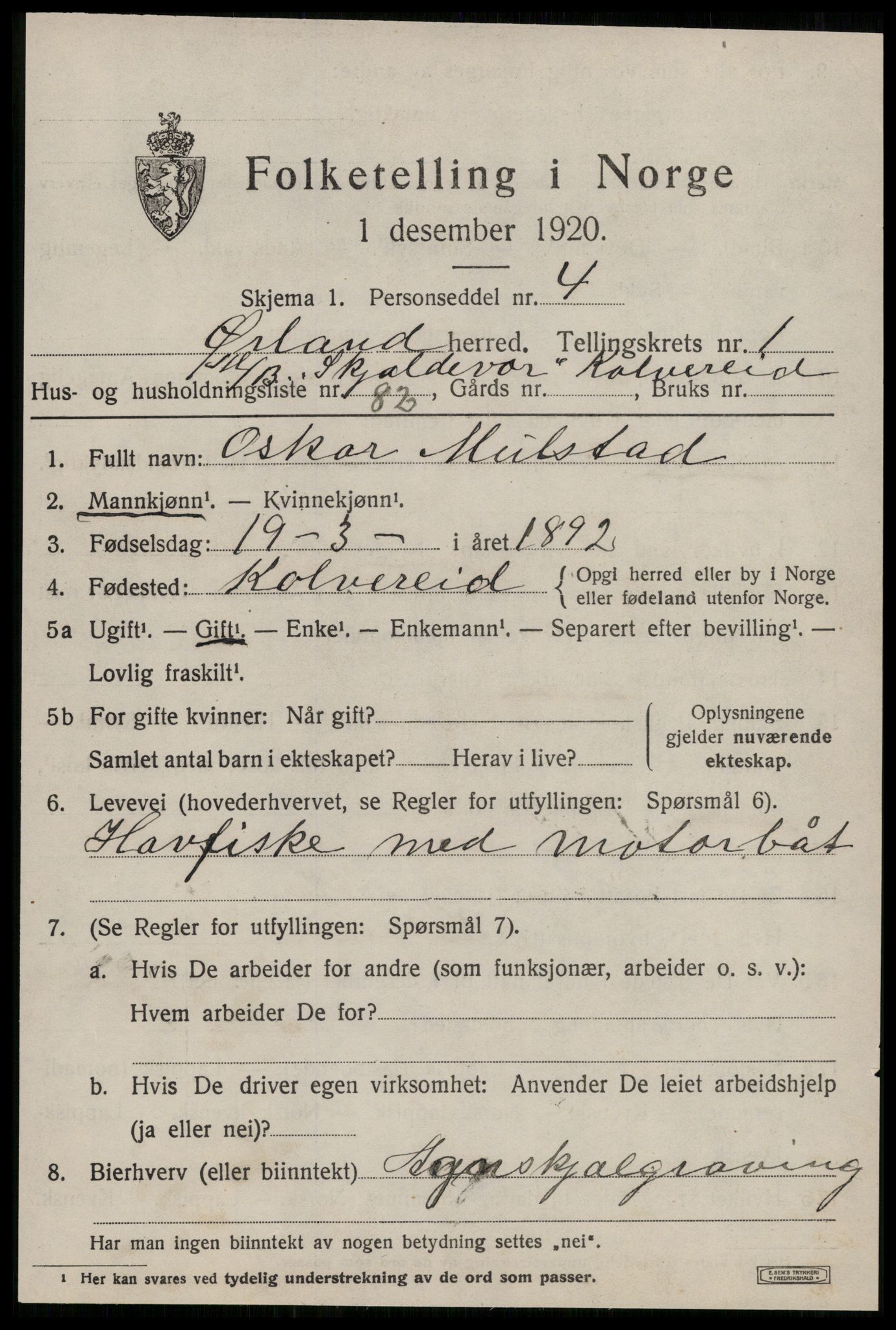 SAT, 1920 census for Ørland, 1920, p. 2223