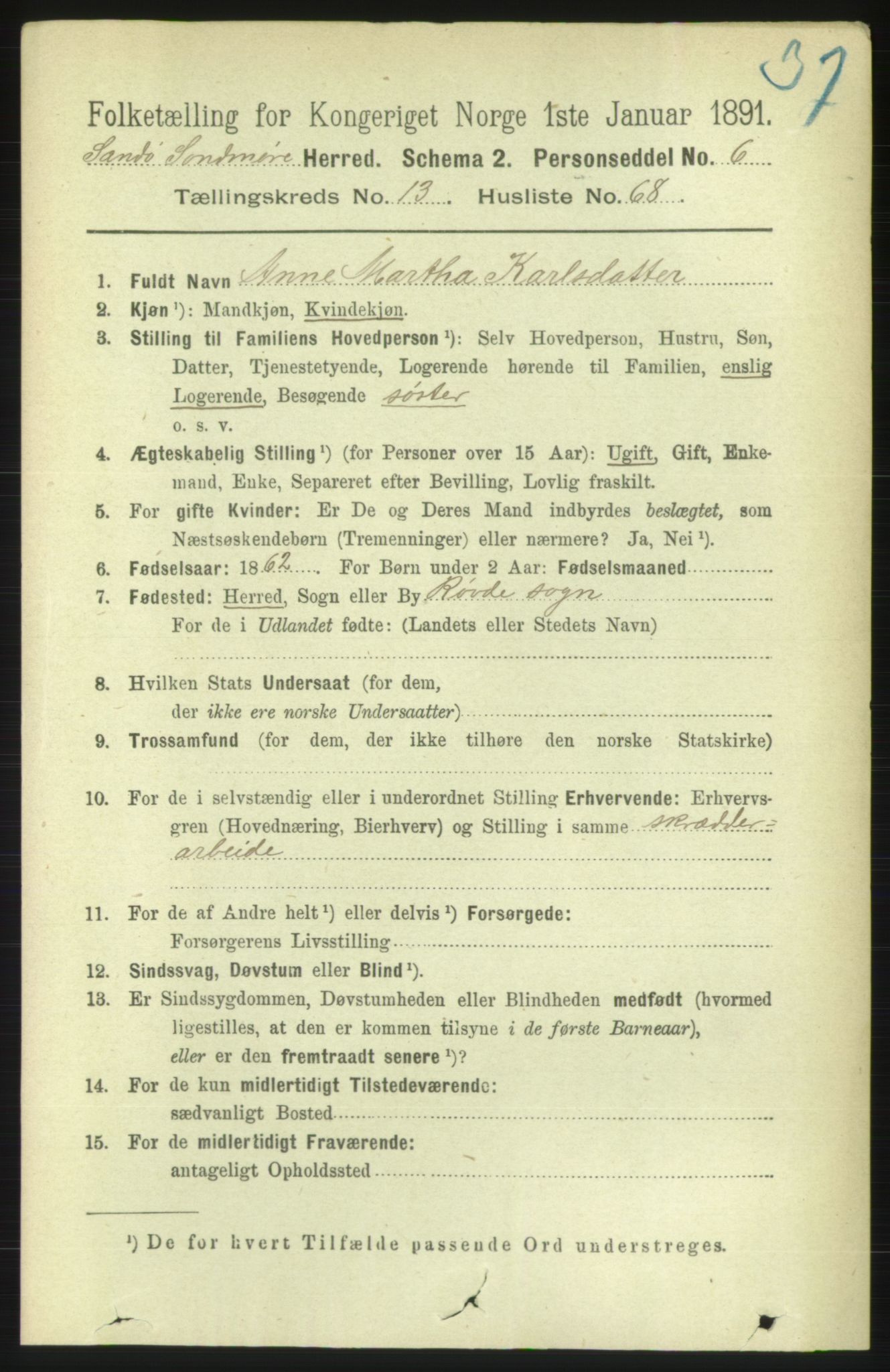 RA, 1891 census for 1514 Sande, 1891, p. 2820