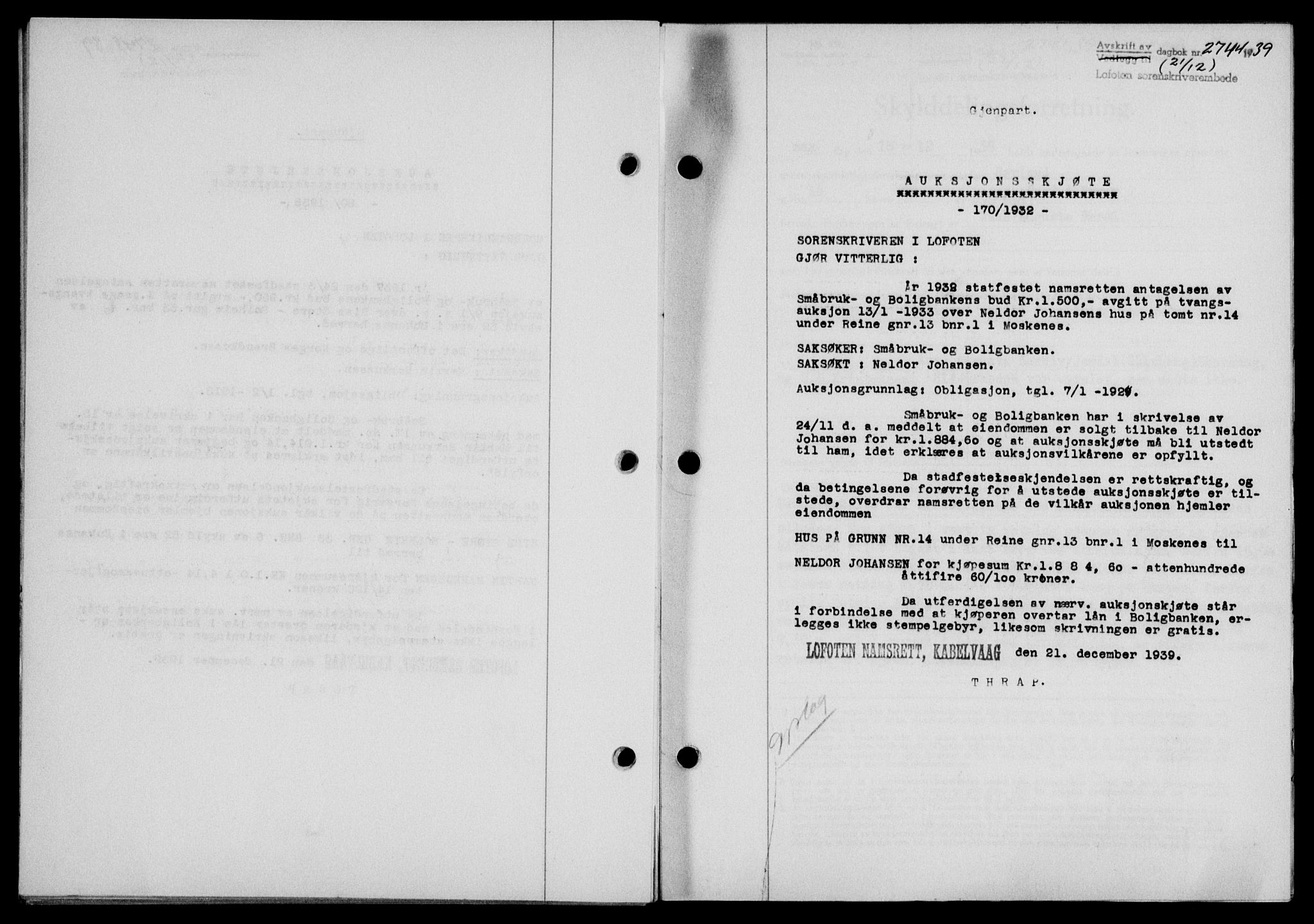 Lofoten sorenskriveri, SAT/A-0017/1/2/2C/L0007a: Mortgage book no. 7a, 1939-1940, Diary no: : 2744/1939