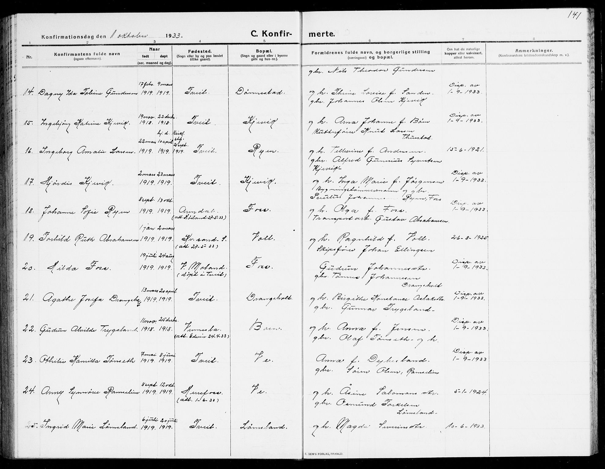 Tveit sokneprestkontor, AV/SAK-1111-0043/F/Fb/L0005: Parish register (copy) no. B 5, 1915-1941, p. 141