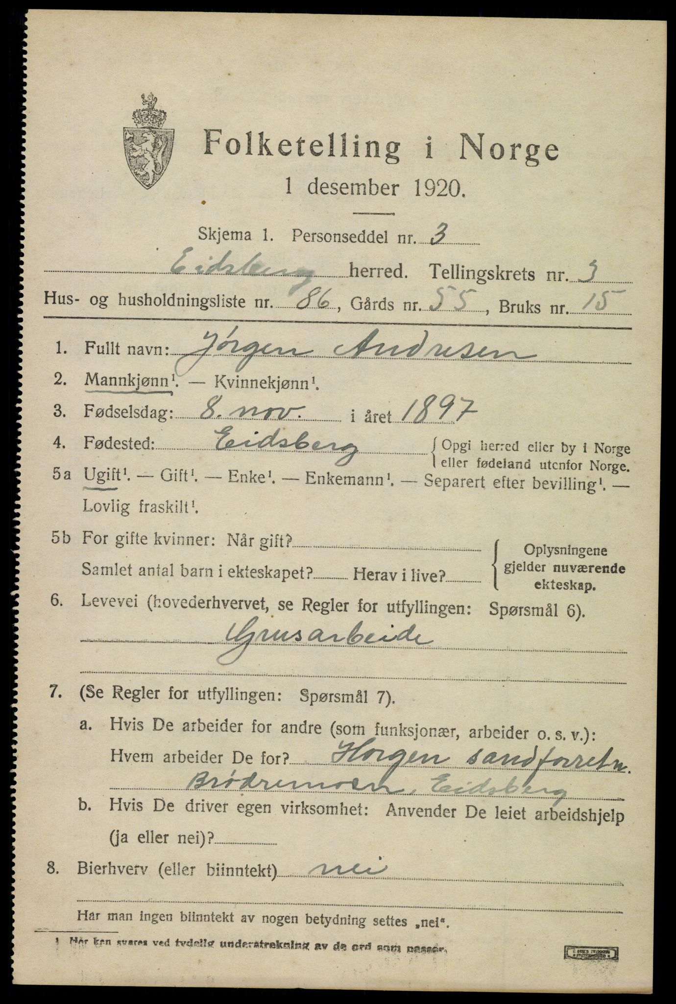 SAO, 1920 census for Eidsberg, 1920, p. 4977