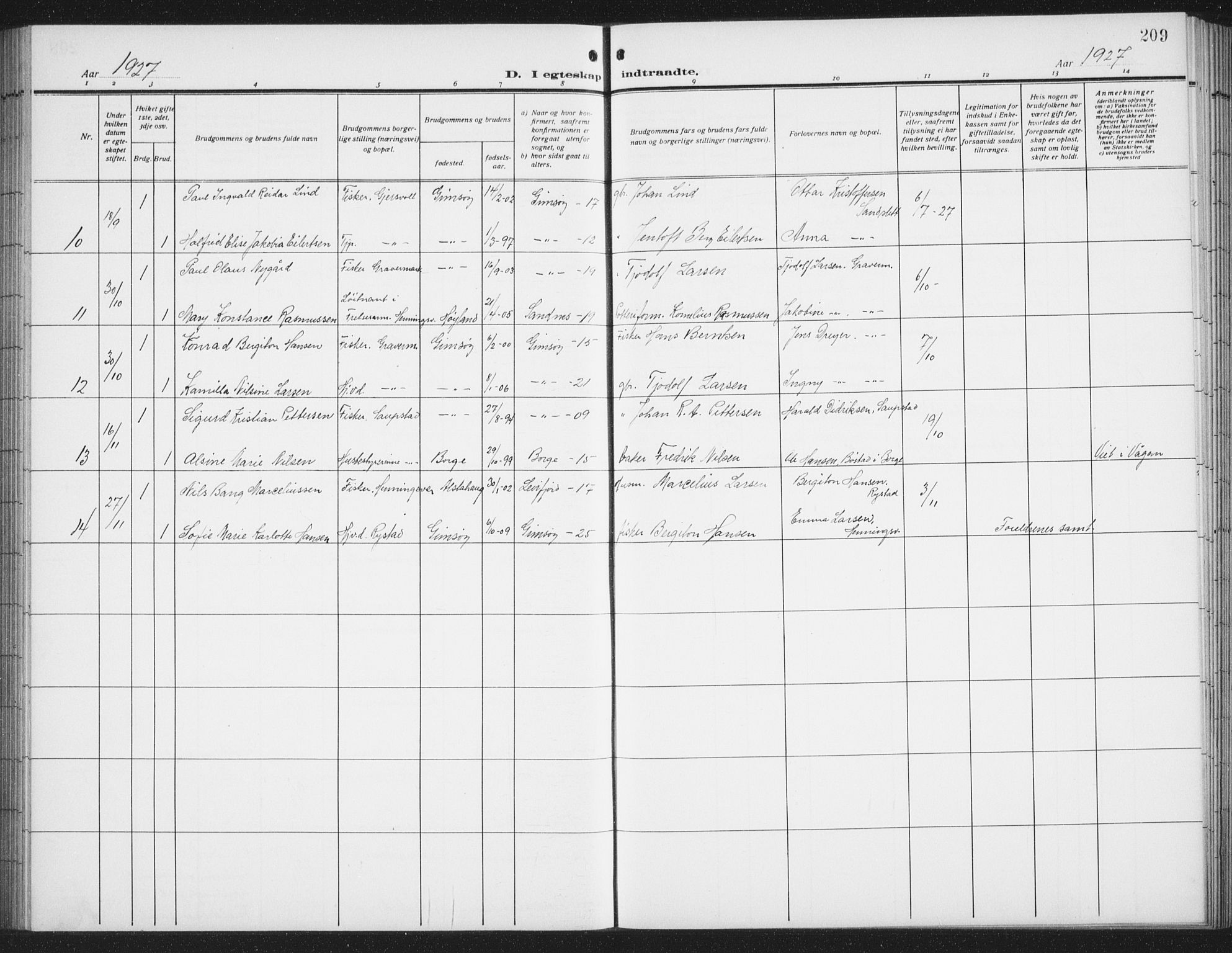 Ministerialprotokoller, klokkerbøker og fødselsregistre - Nordland, AV/SAT-A-1459/876/L1106: Parish register (copy) no. 876C05, 1915-1942, p. 209