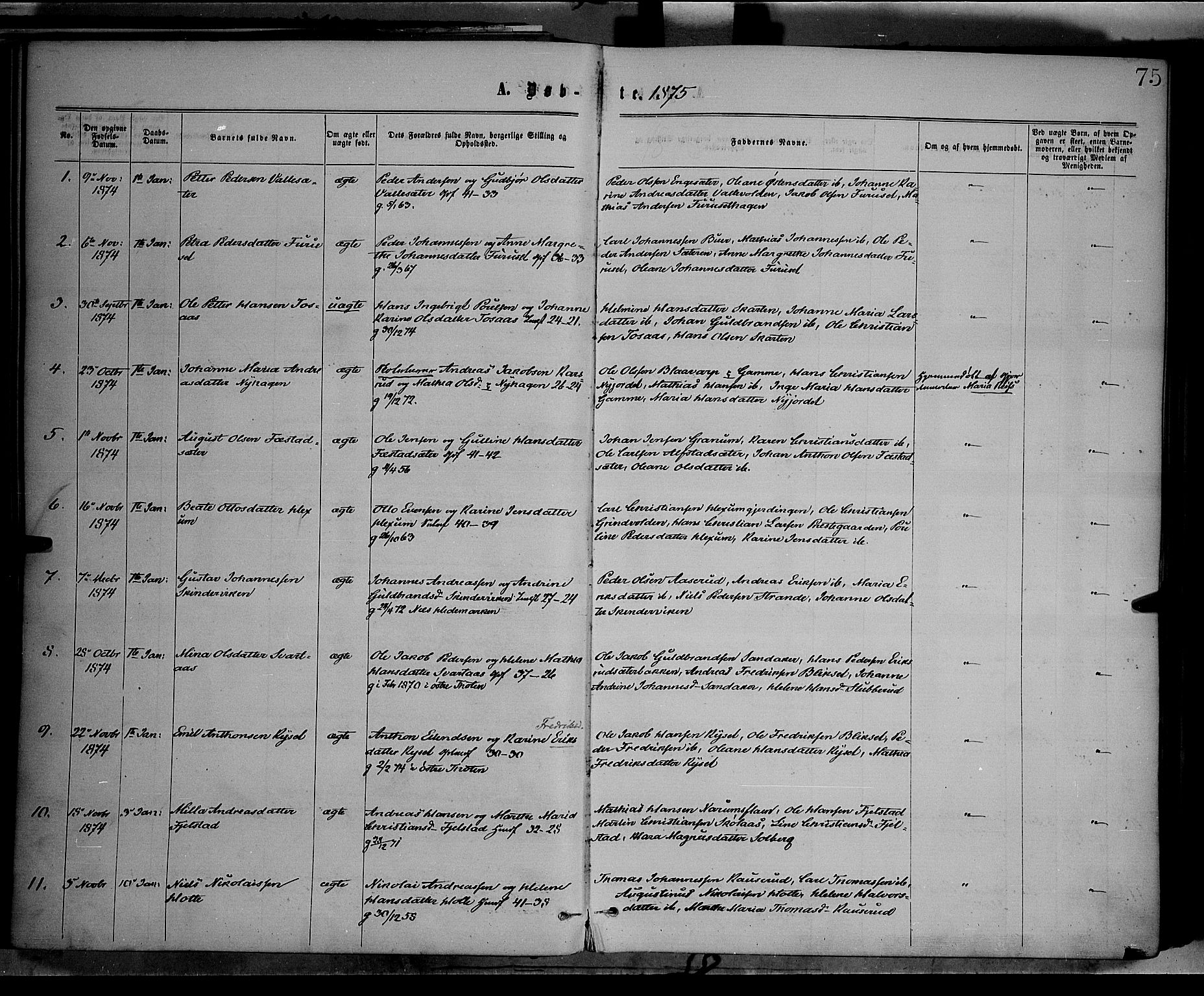 Vestre Toten prestekontor, SAH/PREST-108/H/Ha/Haa/L0008: Parish register (official) no. 8, 1870-1877, p. 75