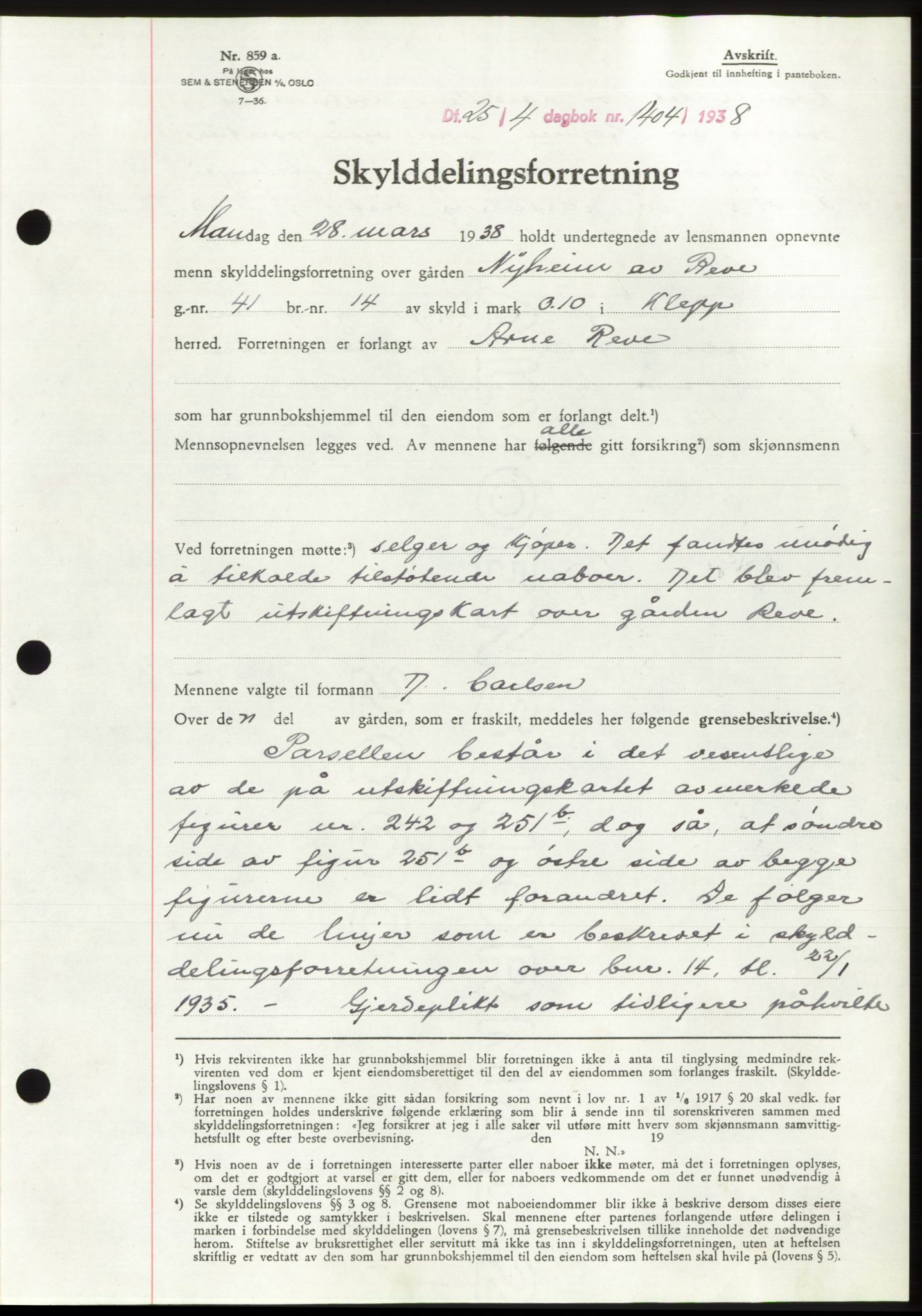 Jæren sorenskriveri, SAST/A-100310/03/G/Gba/L0070: Mortgage book, 1938-1938, Diary no: : 1404/1938