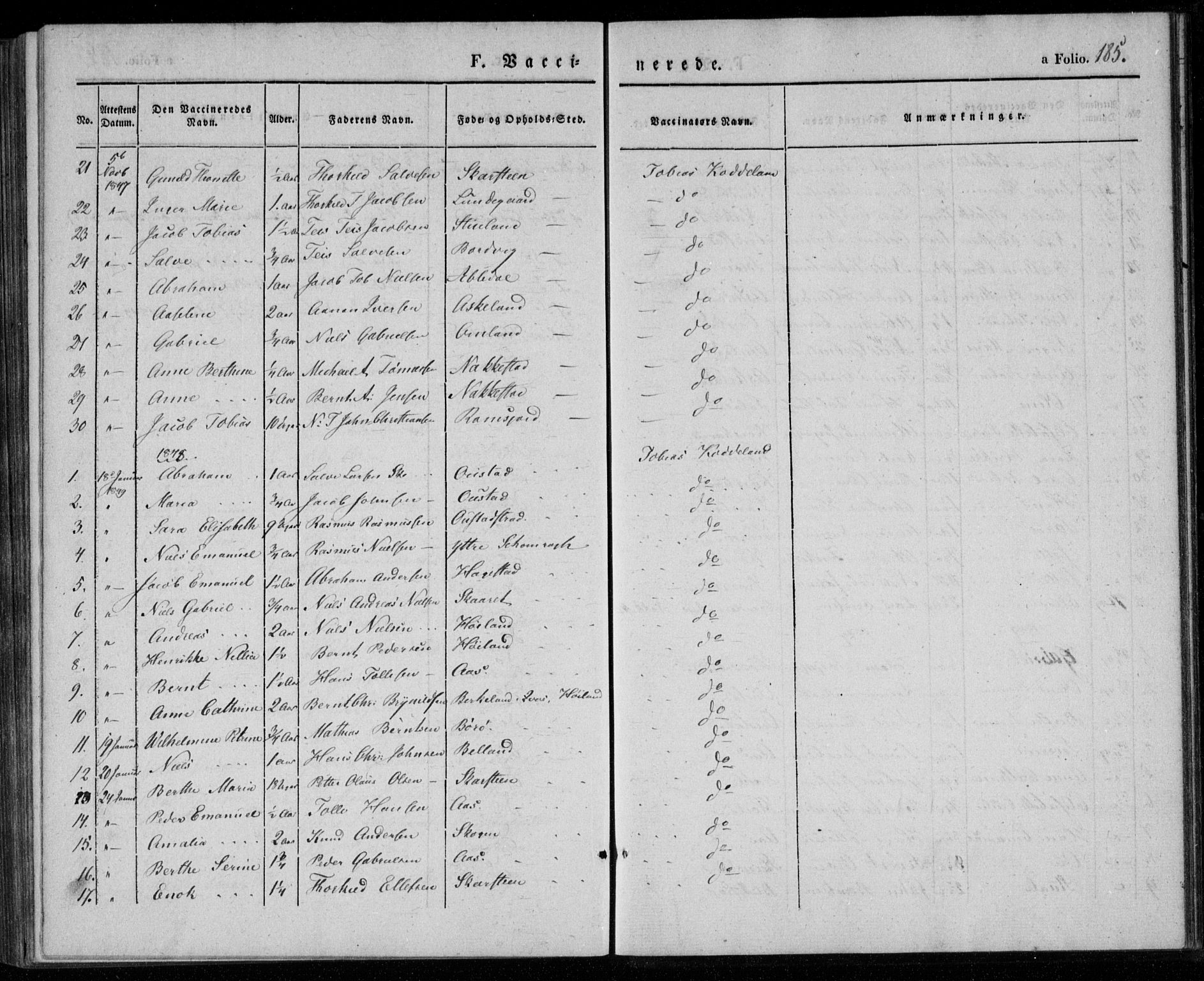 Lyngdal sokneprestkontor, SAK/1111-0029/F/Fa/Faa/L0001: Parish register (official) no. A 1, 1837-1857, p. 185