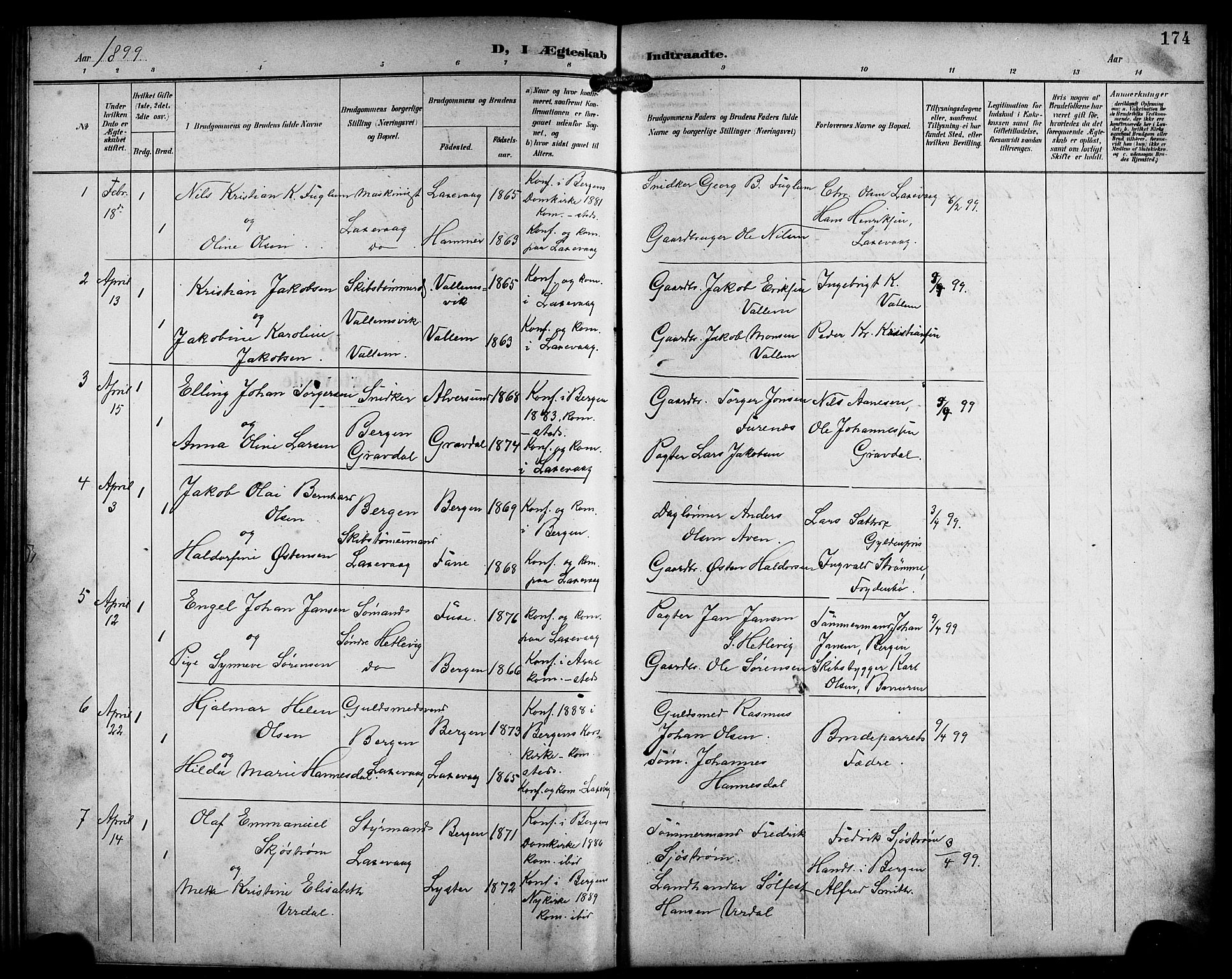 Laksevåg Sokneprestembete, SAB/A-76501/H/Ha/Hab/Haba/L0004: Parish register (copy) no. A 4, 1899-1909, p. 174