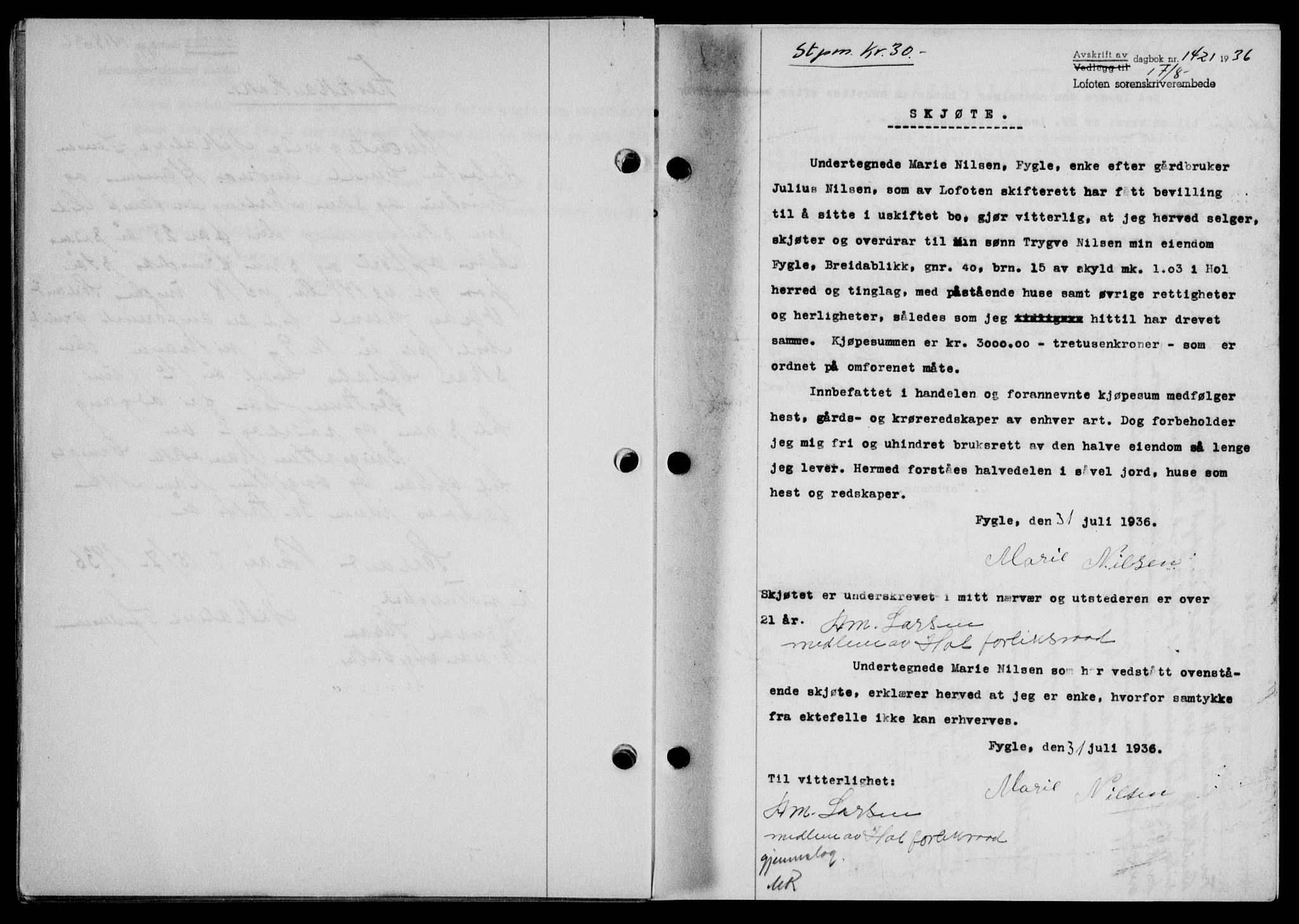 Lofoten sorenskriveri, SAT/A-0017/1/2/2C/L0001a: Mortgage book no. 1a, 1936-1937, Diary no: : 1421/1936
