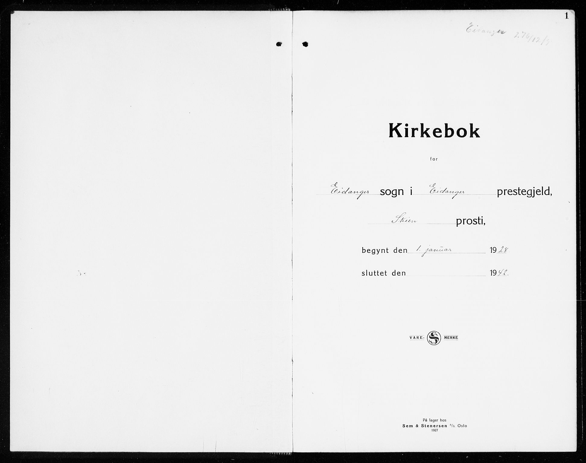 Eidanger kirkebøker, AV/SAKO-A-261/G/Ga/L0005: Parish register (copy) no. 5, 1928-1942, p. 1