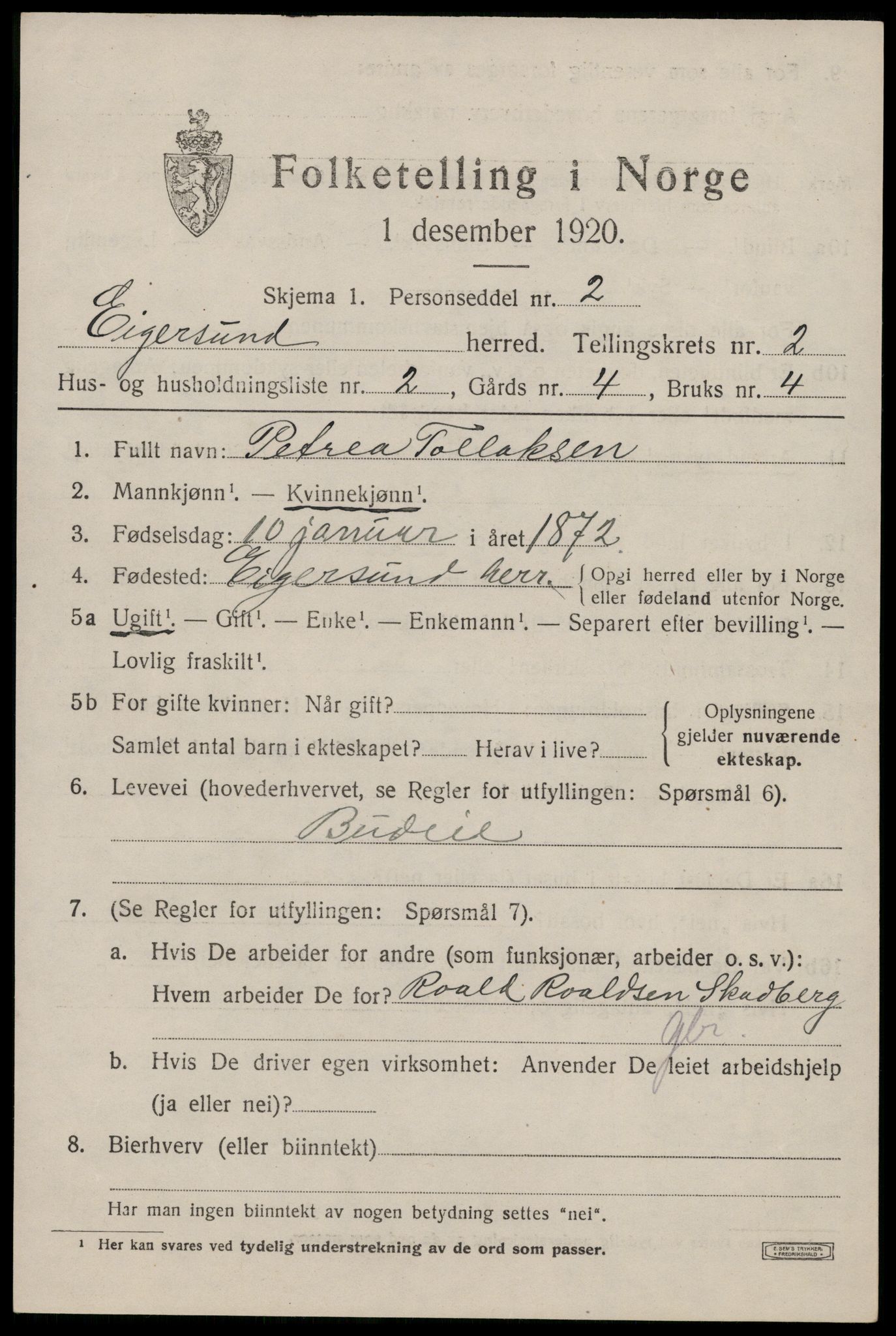 SAST, 1920 census for Eigersund, 1920, p. 1633