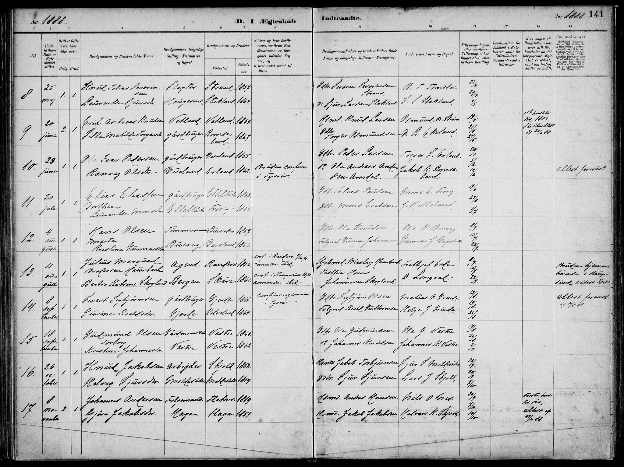 Skjold sokneprestkontor, SAST/A-101847/H/Ha/Haa/L0010: Parish register (official) no. A 10, 1882-1897, p. 141