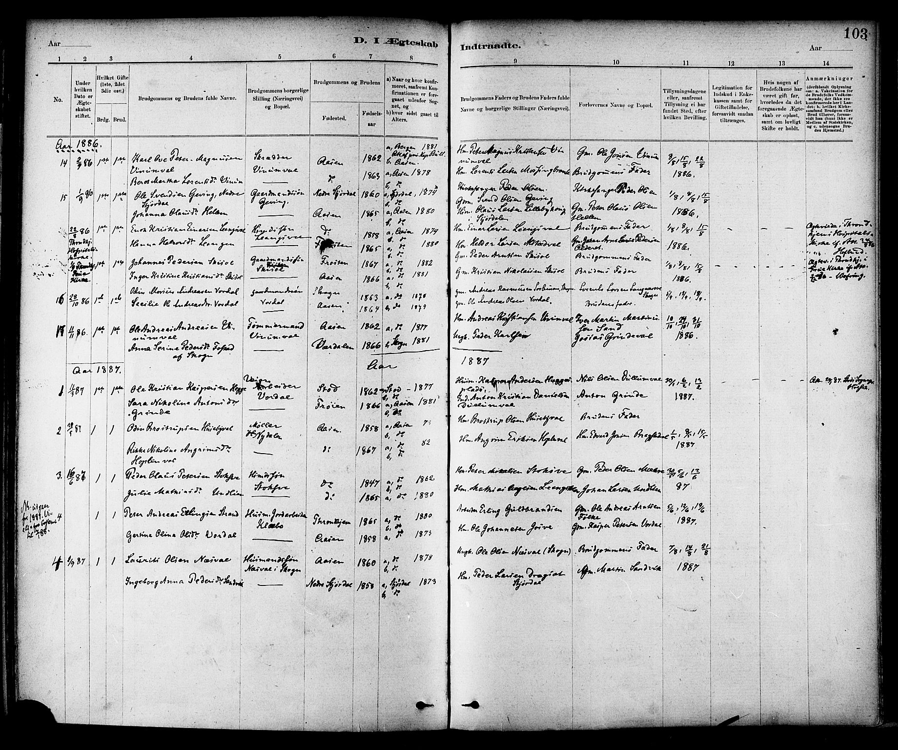 Ministerialprotokoller, klokkerbøker og fødselsregistre - Nord-Trøndelag, SAT/A-1458/714/L0130: Parish register (official) no. 714A01, 1878-1895, p. 103