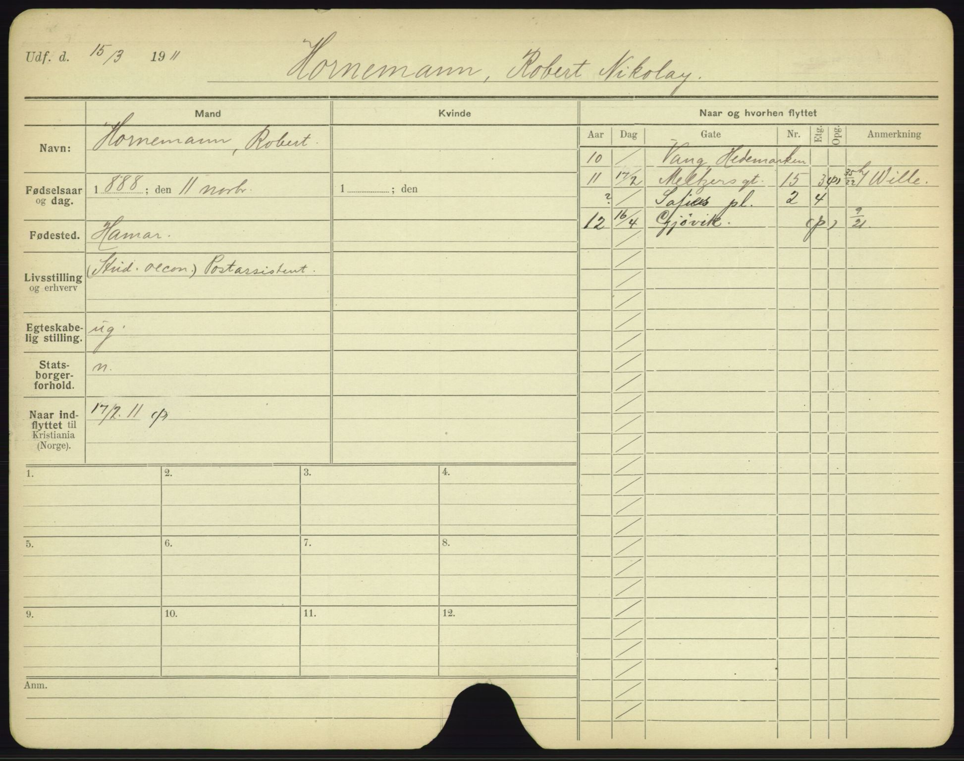 Oslo folkeregister, Registerkort, AV/SAO-A-11715/F/Fa/Fac/L0004: Menn, 1906-1914, p. 1002a