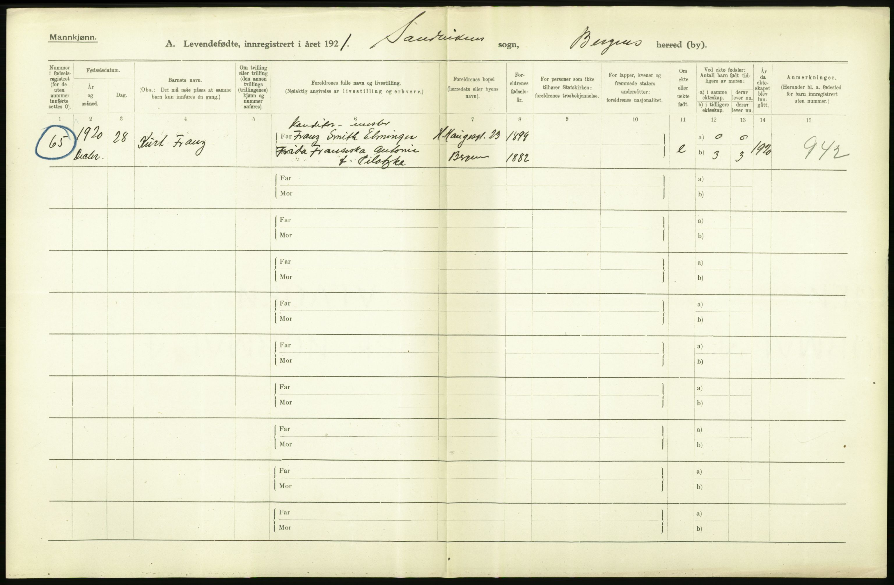 Statistisk sentralbyrå, Sosiodemografiske emner, Befolkning, AV/RA-S-2228/D/Df/Dfc/Dfca/L0034: Bergen: Levendefødte menn og kvinner., 1921, p. 20